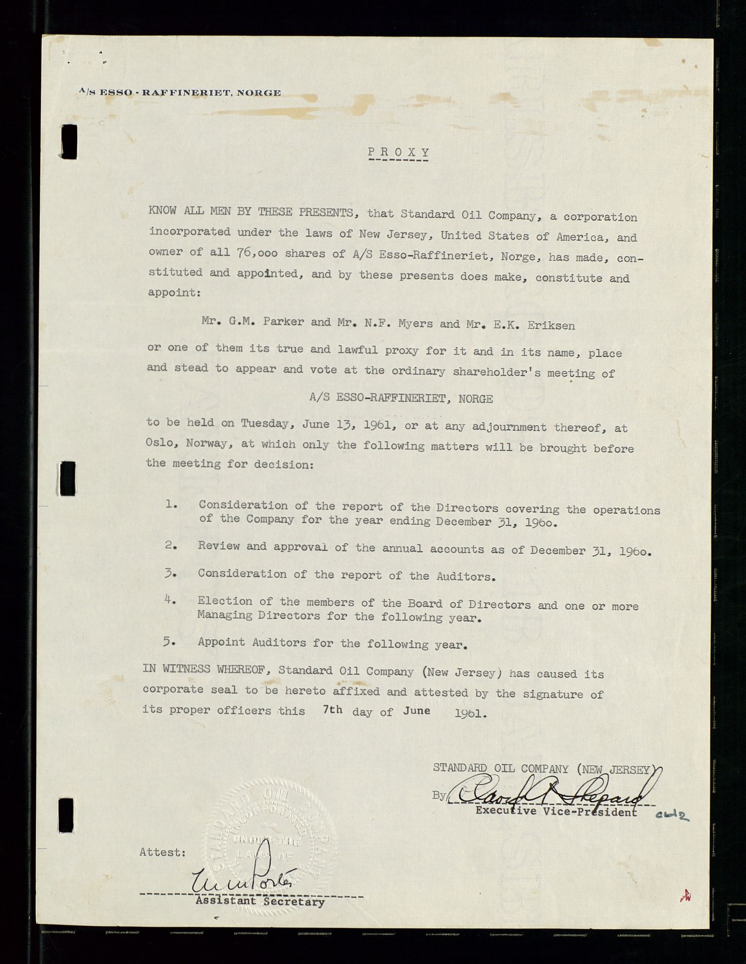 PA 1537 - A/S Essoraffineriet Norge, AV/SAST-A-101957/A/Aa/L0001/0002: Styremøter / Shareholder meetings, board meetings, by laws (vedtekter), 1957-1960, p. 12