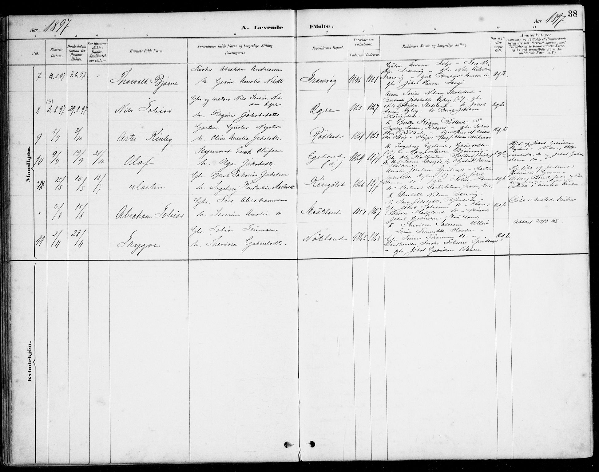 Herad sokneprestkontor, AV/SAK-1111-0018/F/Fa/Fab/L0005: Parish register (official) no. A 5, 1886-1913, p. 38