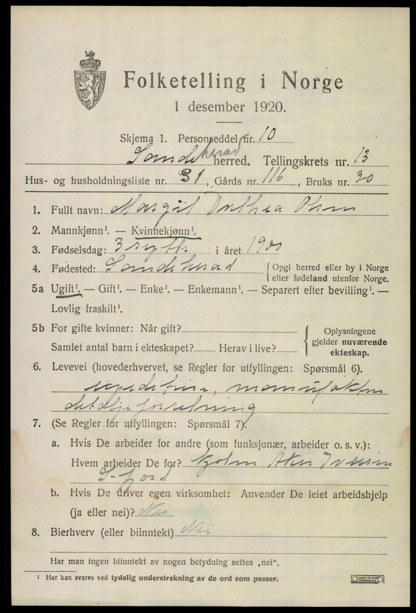 SAKO, 1920 census for Sandeherred, 1920, p. 19642