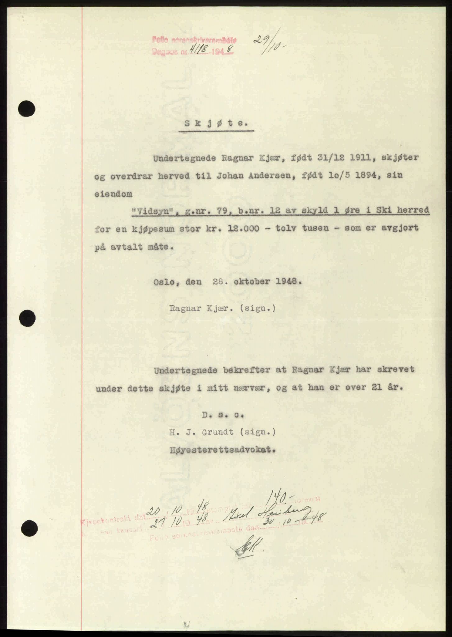 Follo sorenskriveri, SAO/A-10274/G/Ga/Gaa/L0085: Mortgage book no. I 85, 1948-1948, Diary no: : 4118/1948