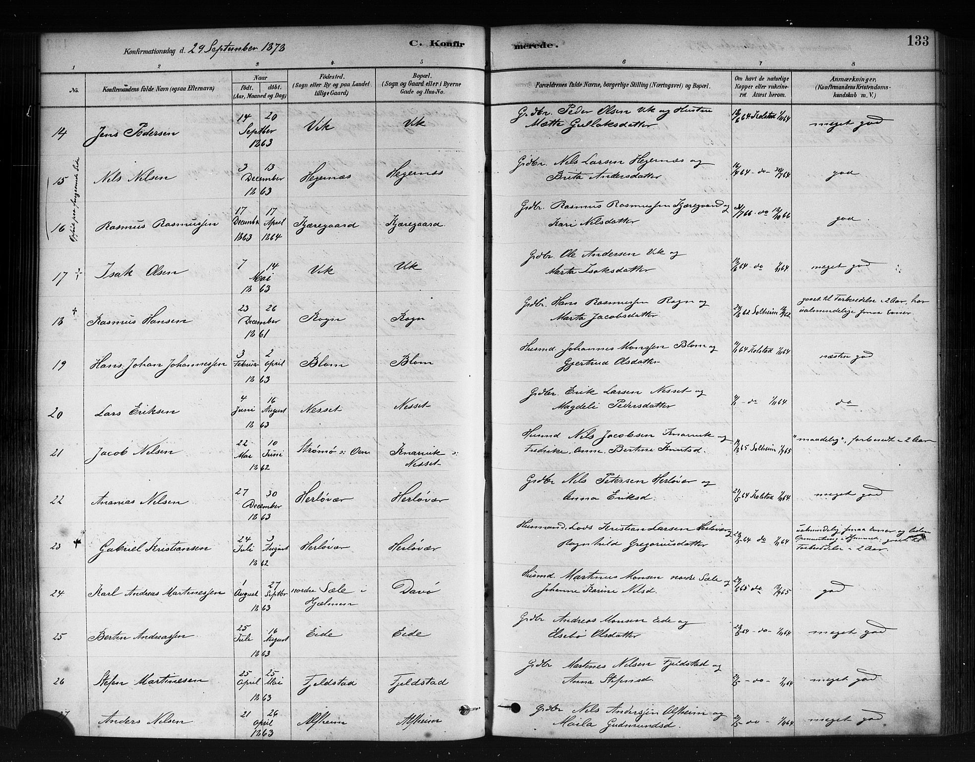 Herdla Sokneprestembete, AV/SAB-A-75701/H/Haa: Parish register (official) no. A 3, 1878-1890, p. 133