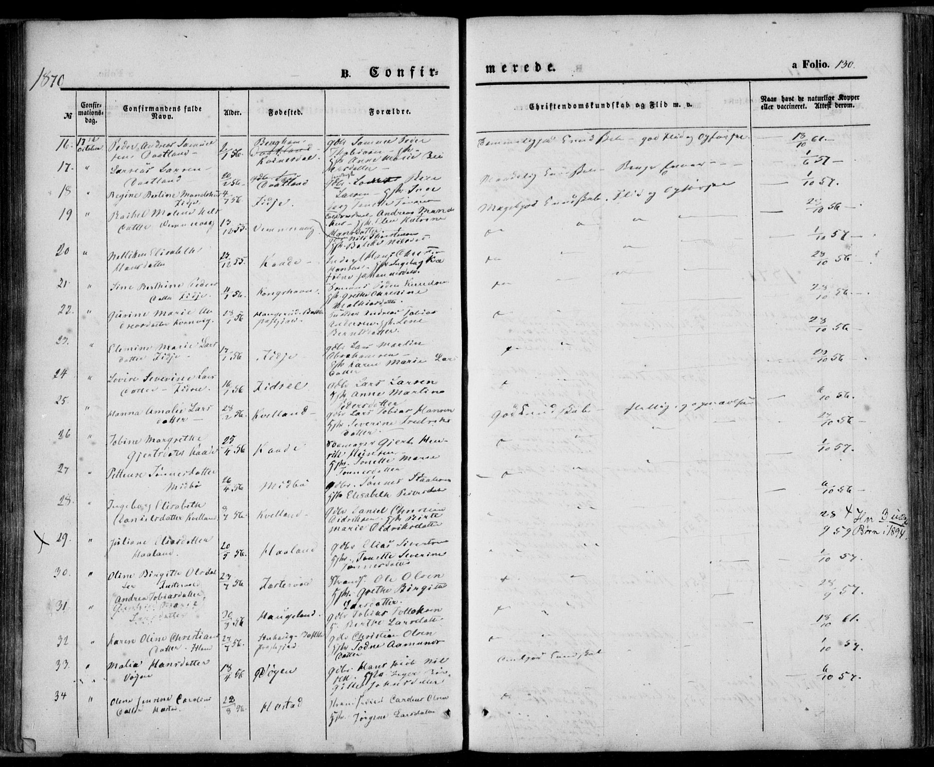 Flekkefjord sokneprestkontor, SAK/1111-0012/F/Fa/Fab/L0004: Parish register (official) no. A 4, 1850-1875, p. 130