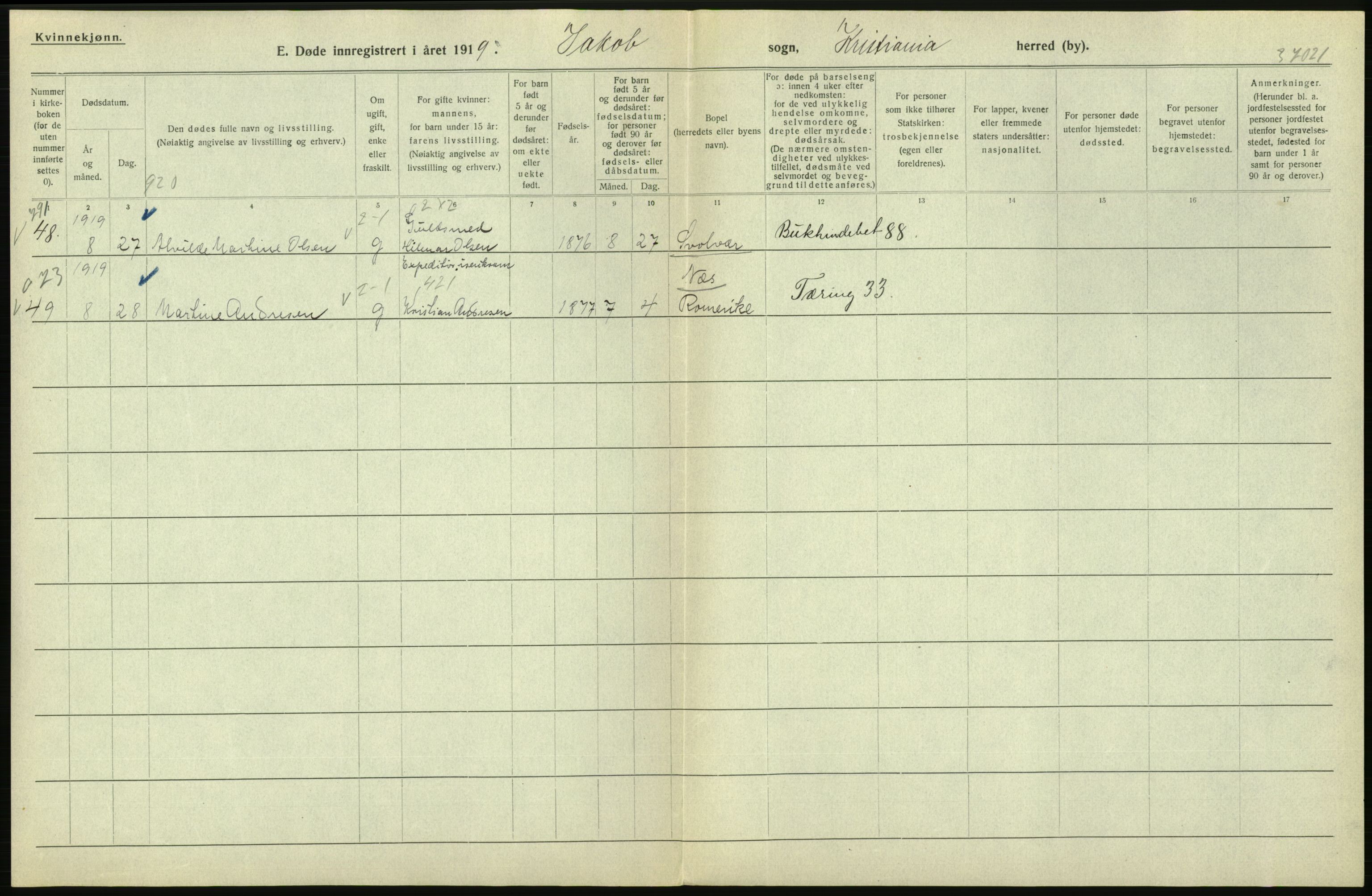 Statistisk sentralbyrå, Sosiodemografiske emner, Befolkning, AV/RA-S-2228/D/Df/Dfb/Dfbi/L0011: Kristiania: Døde, dødfødte, 1919