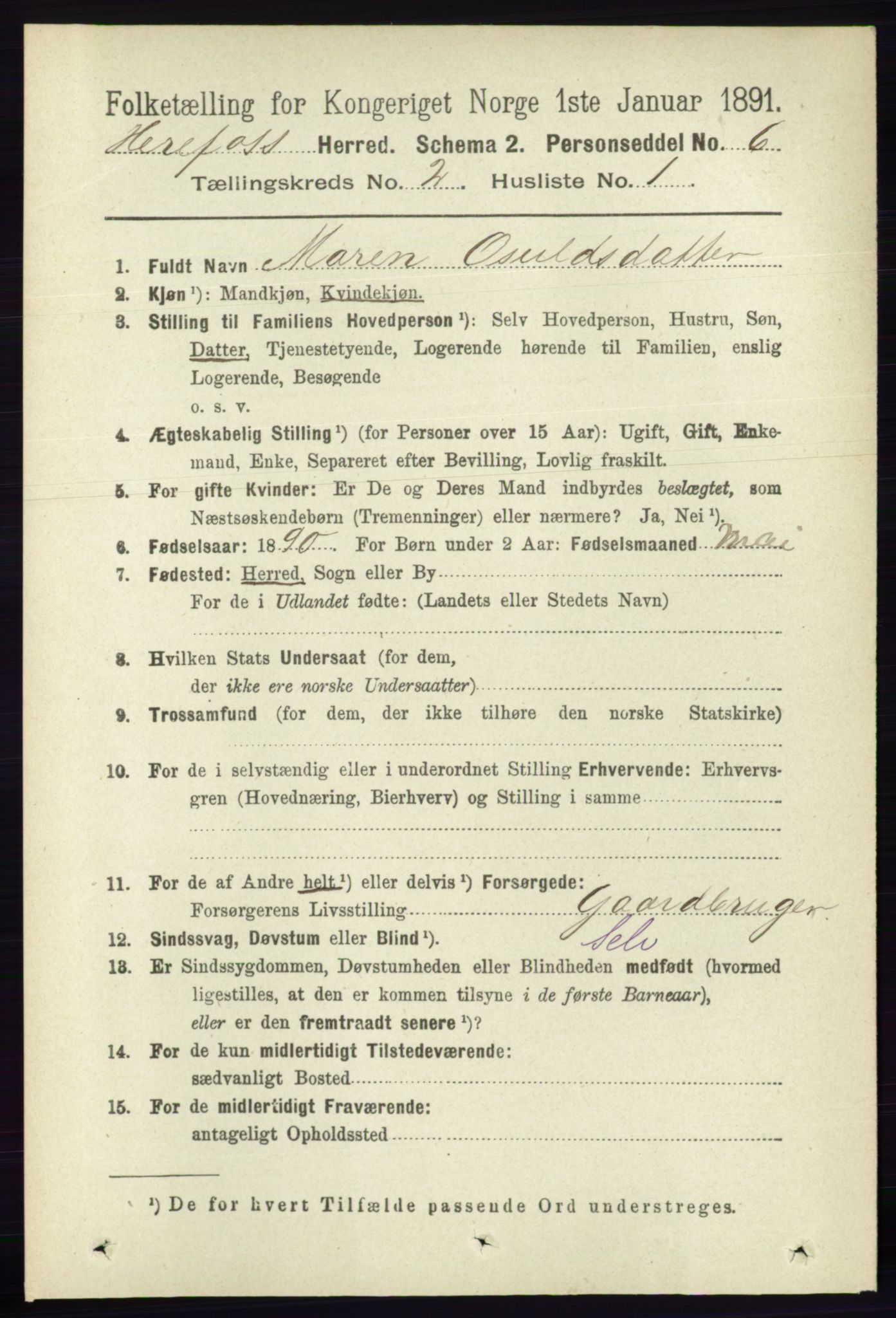 RA, 1891 census for 0933 Herefoss, 1891, p. 285