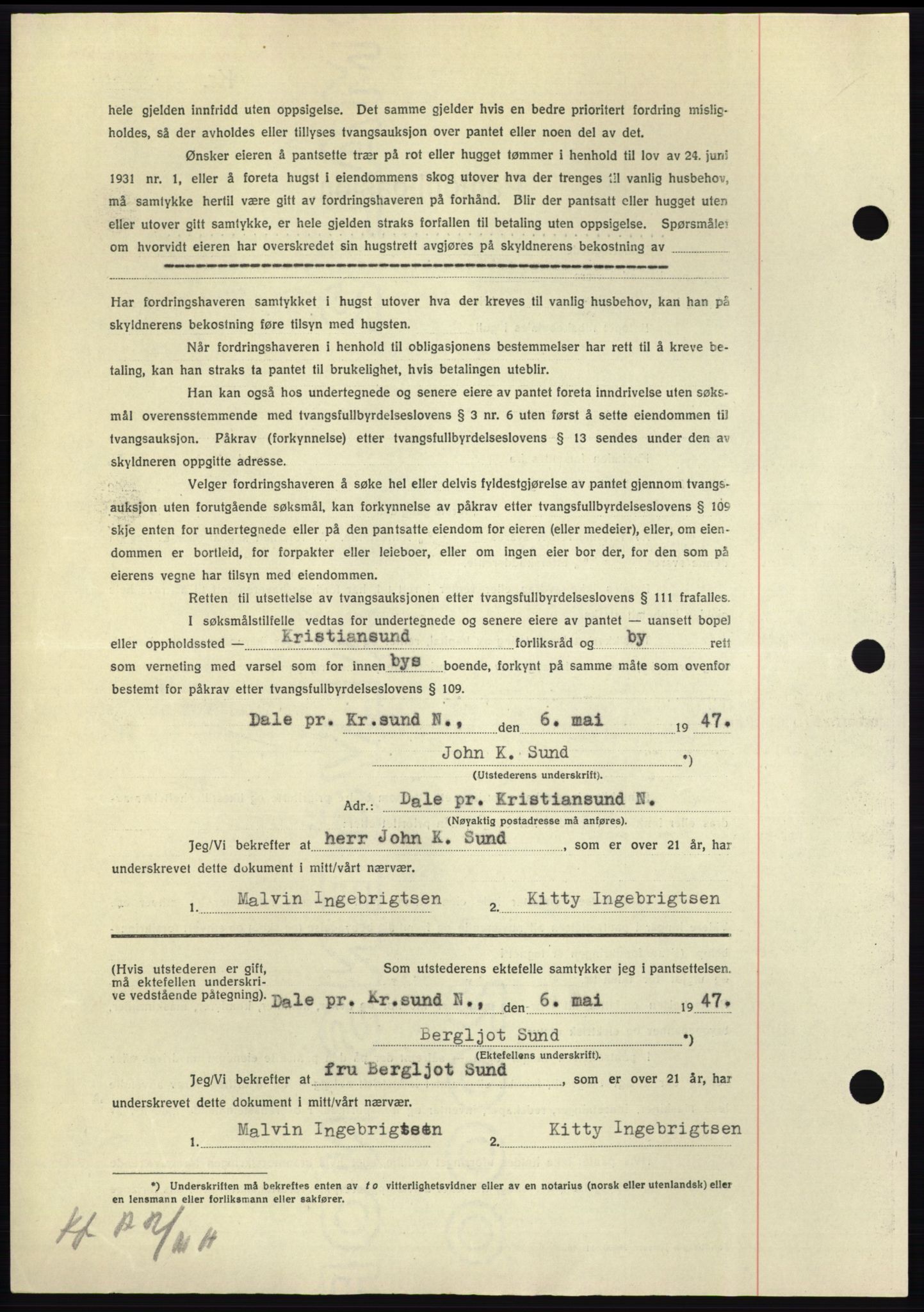 Nordmøre sorenskriveri, AV/SAT-A-4132/1/2/2Ca: Mortgage book no. B96, 1947-1947, Diary no: : 1300/1947