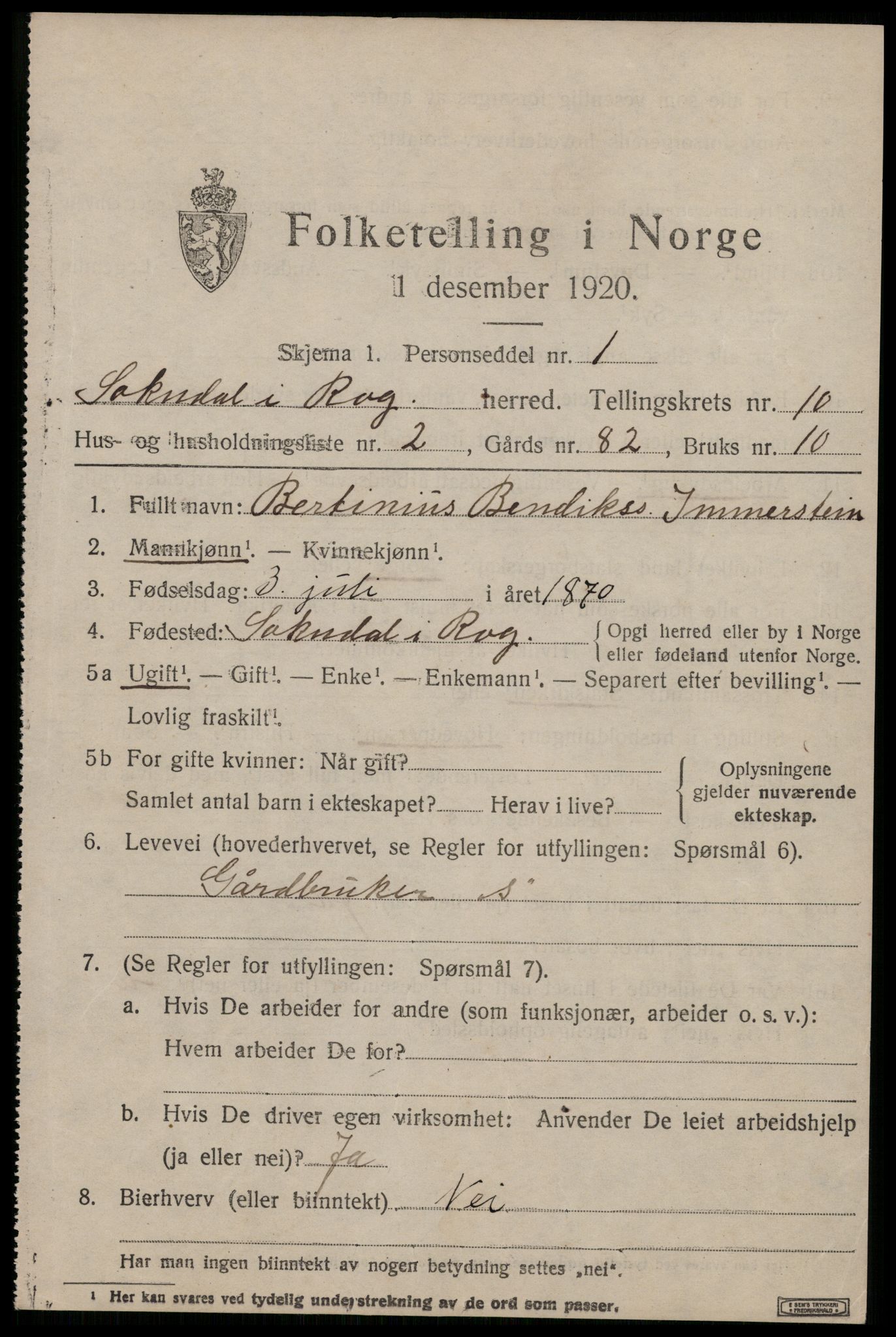 SAST, 1920 census for Sokndal, 1920, p. 5723