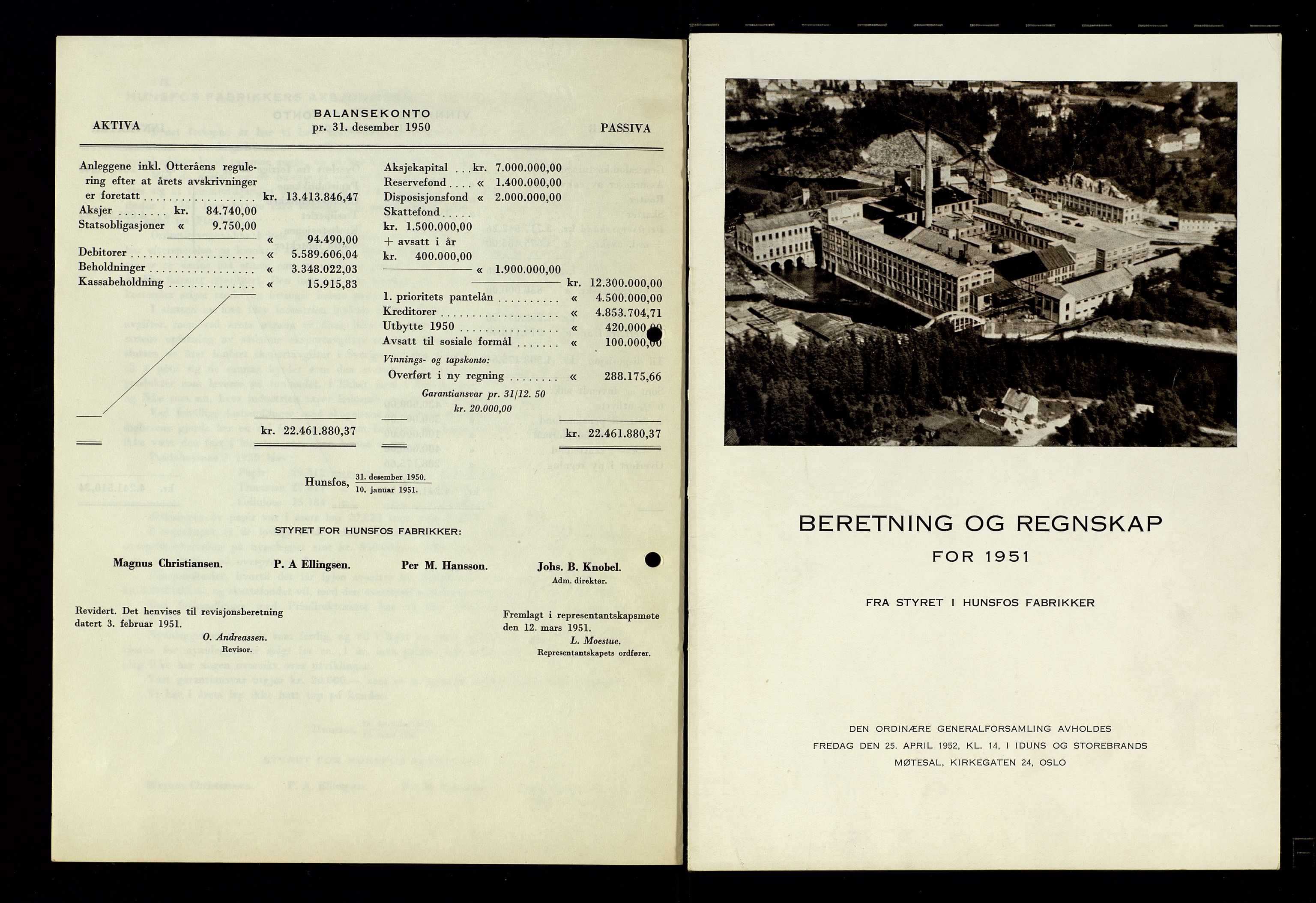 Hunsfos fabrikker, AV/SAK-D/1440/01/L0001/0003: Vedtekter, anmeldelser og årsberetninger / Årsberetninger og regnskap, 1918-1989, p. 107