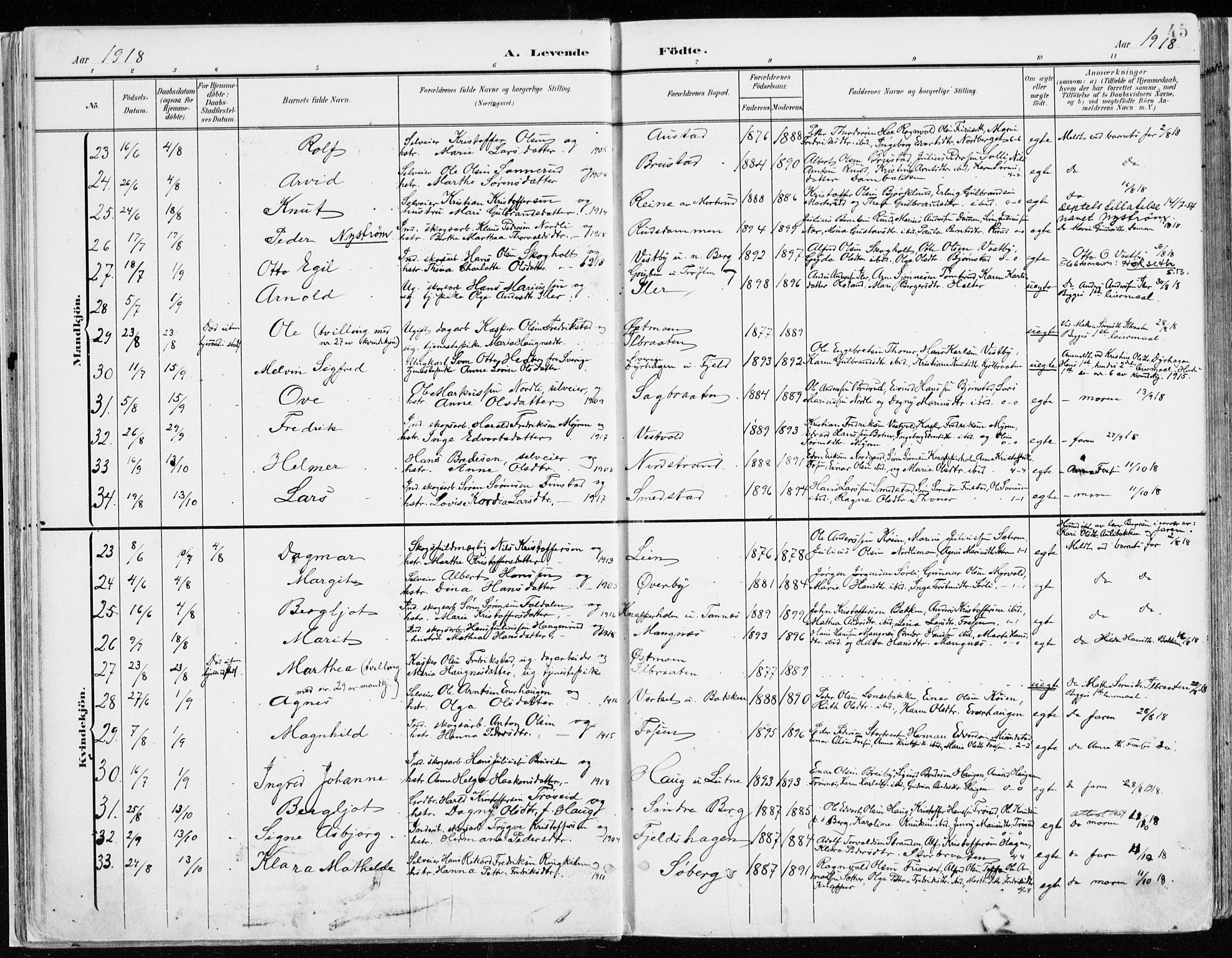 Nord-Odal prestekontor, AV/SAH-PREST-032/H/Ha/Haa/L0009: Parish register (official) no. 9, 1902-1926, p. 45