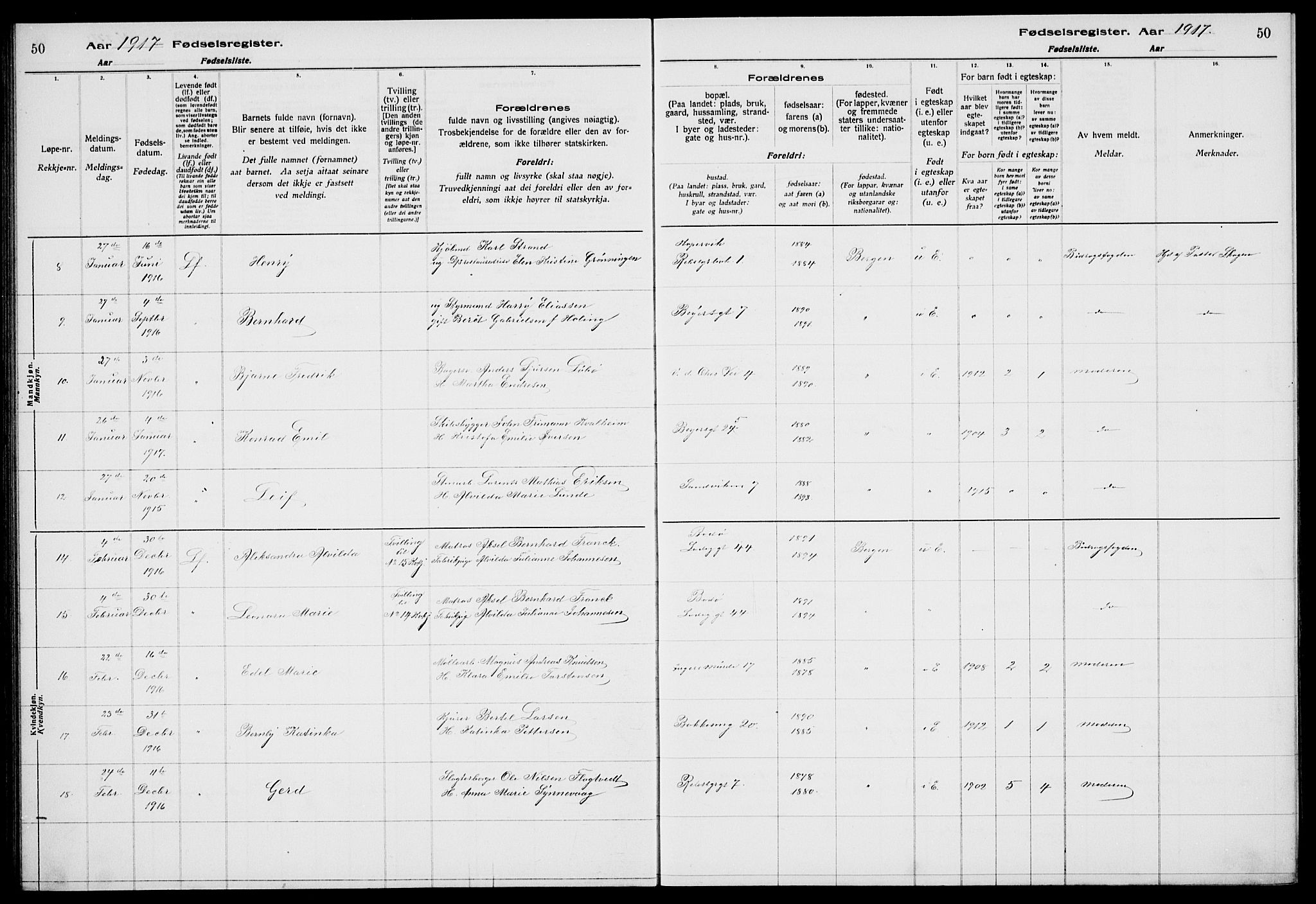 Sandviken Sokneprestembete, AV/SAB-A-77601/I/Ib/L00A1: Birth register no. A 1, 1915-1920, p. 50