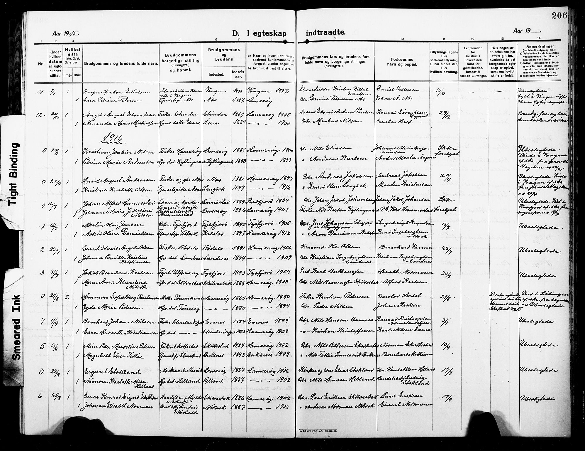 Ministerialprotokoller, klokkerbøker og fødselsregistre - Nordland, AV/SAT-A-1459/859/L0861: Parish register (copy) no. 859C07, 1910-1925, p. 206