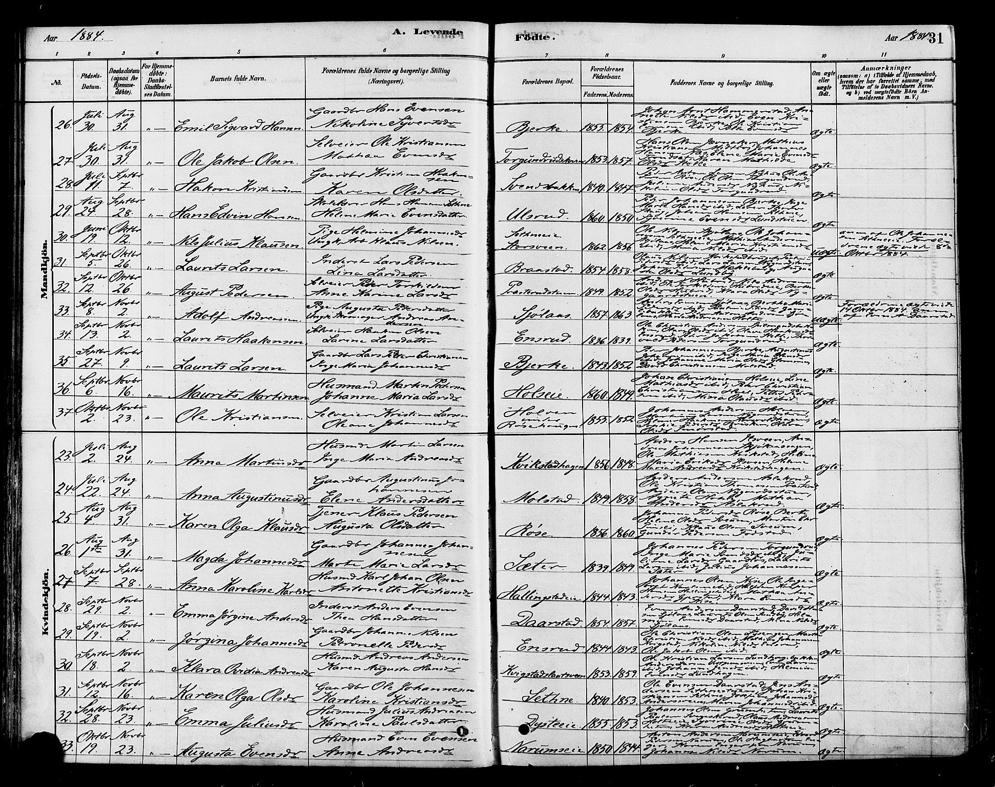 Vestre Toten prestekontor, SAH/PREST-108/H/Ha/Haa/L0010: Parish register (official) no. 10, 1878-1894, p. 31