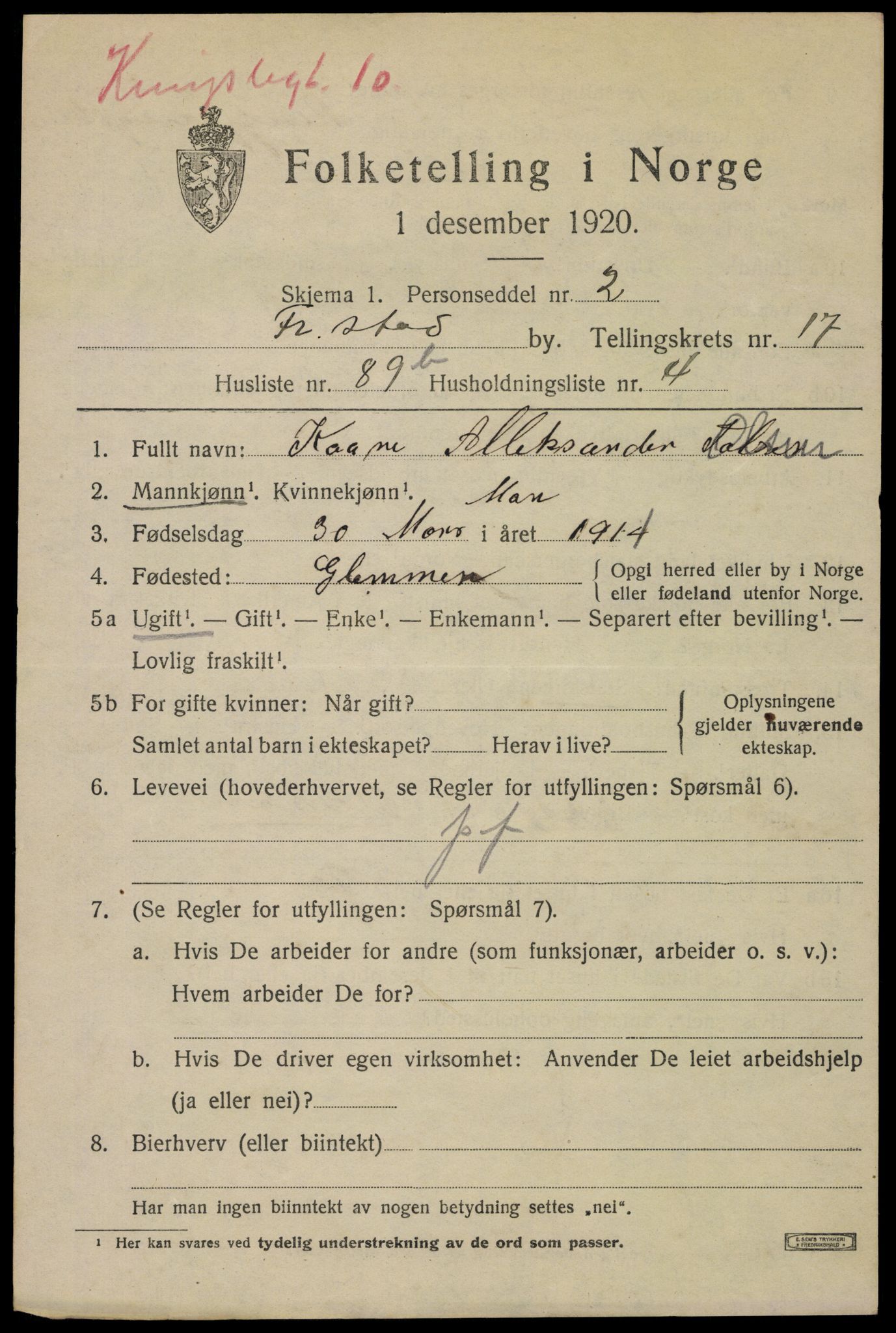 SAO, 1920 census for Fredrikstad, 1920, p. 40715