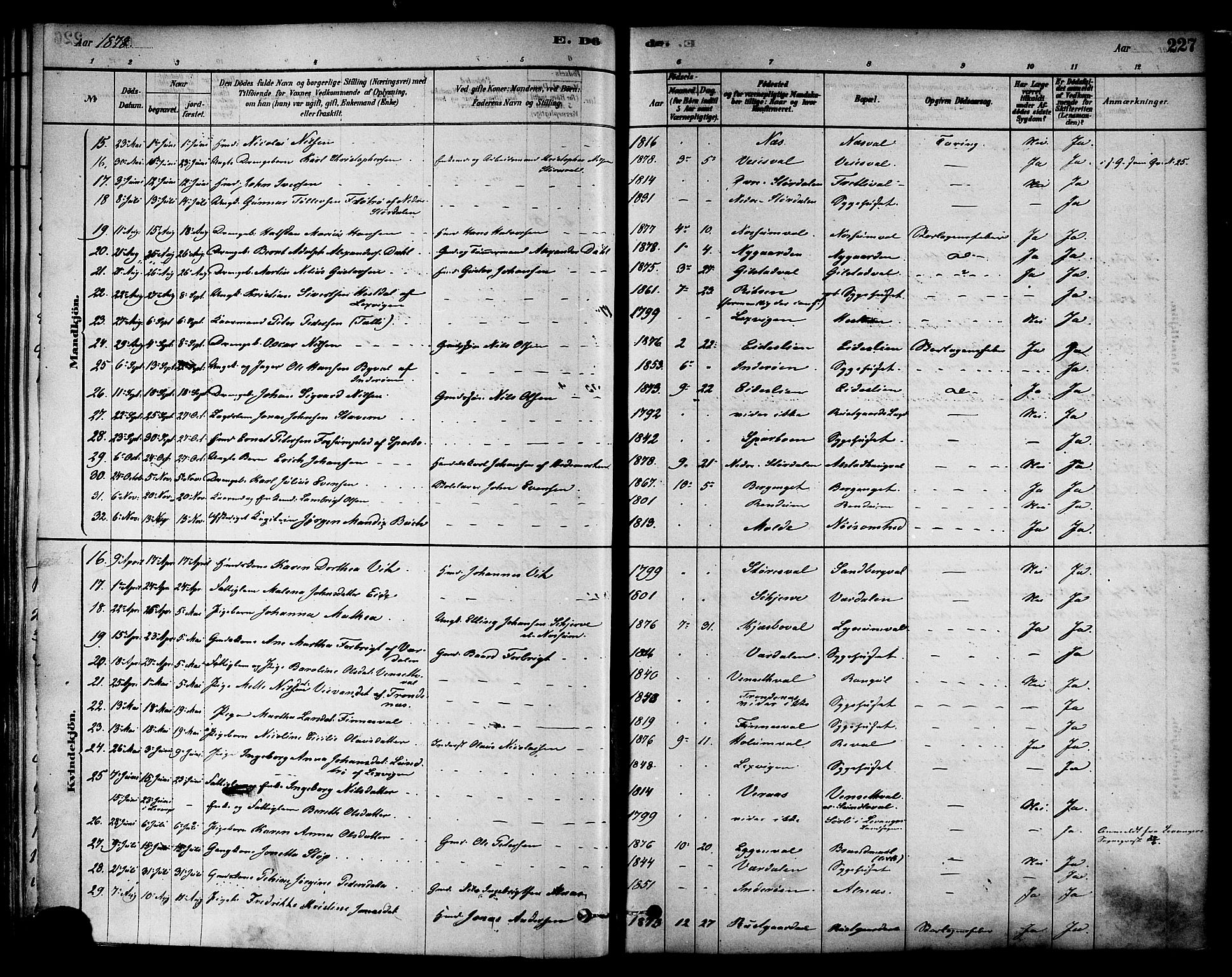 Ministerialprotokoller, klokkerbøker og fødselsregistre - Nord-Trøndelag, SAT/A-1458/717/L0159: Parish register (official) no. 717A09, 1878-1898, p. 227