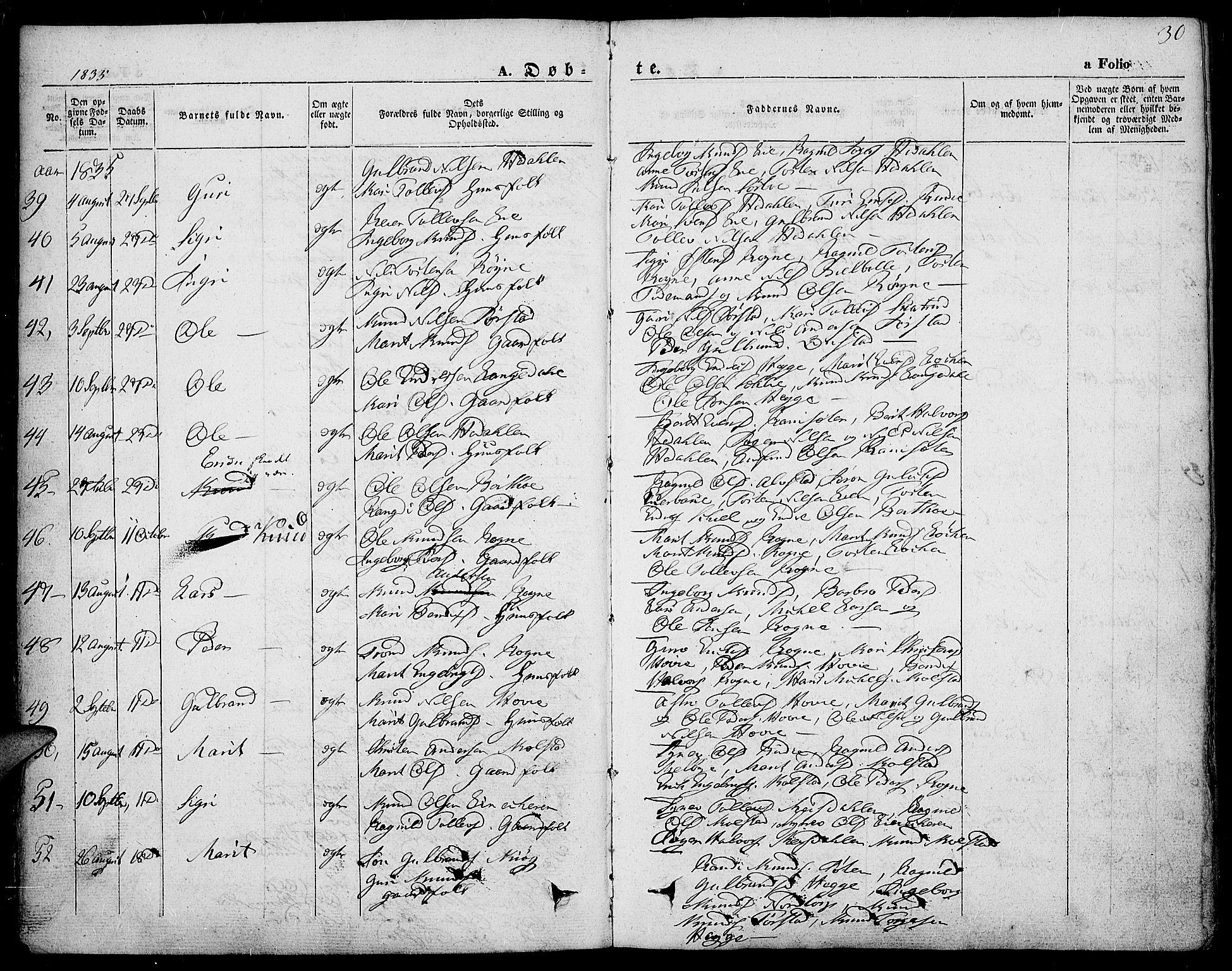 Slidre prestekontor, AV/SAH-PREST-134/H/Ha/Haa/L0004: Parish register (official) no. 4, 1831-1848, p. 30