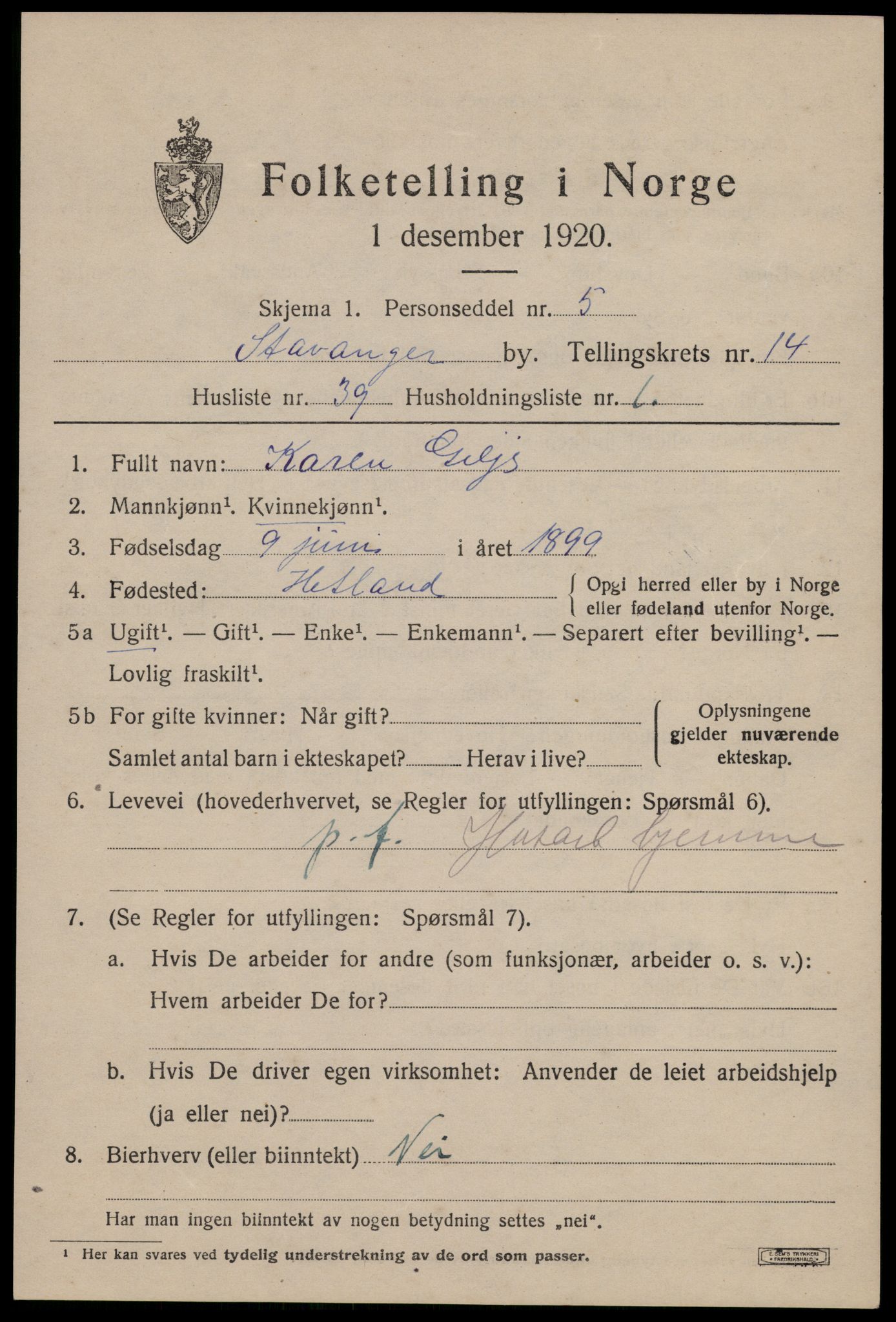 SAST, 1920 census for Stavanger, 1920, p. 60320