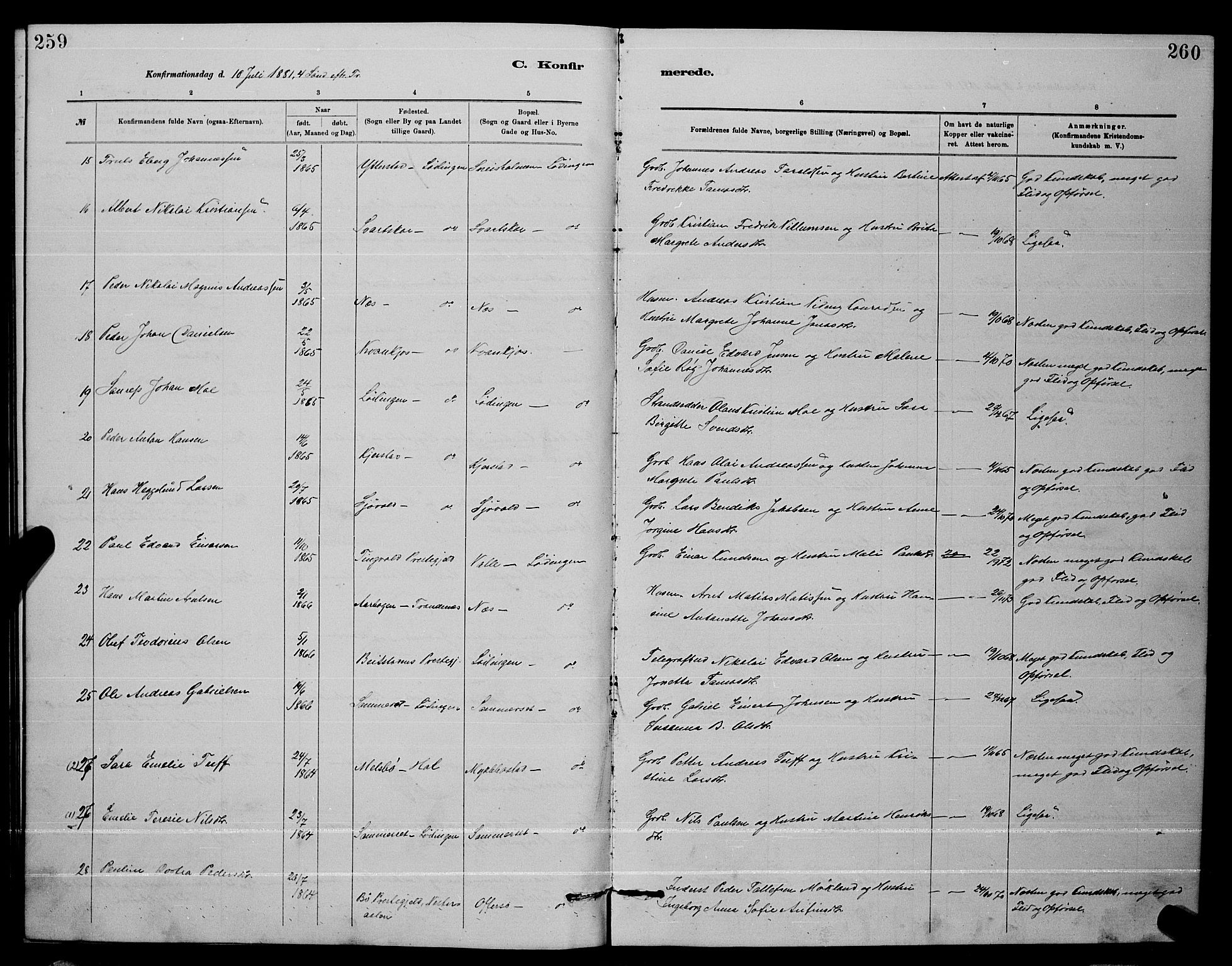 Ministerialprotokoller, klokkerbøker og fødselsregistre - Nordland, AV/SAT-A-1459/872/L1047: Parish register (copy) no. 872C03, 1880-1897, p. 259-260