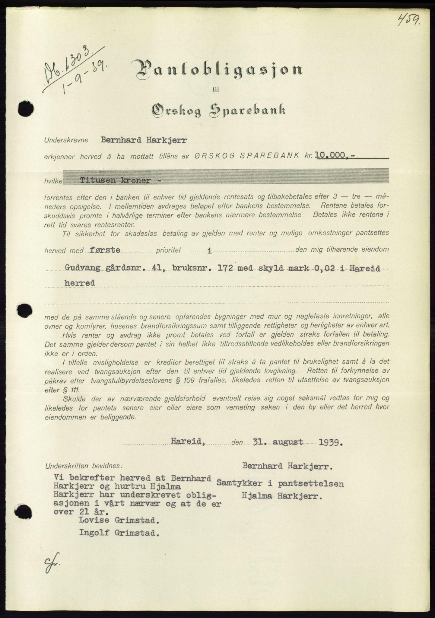 Søre Sunnmøre sorenskriveri, AV/SAT-A-4122/1/2/2C/L0068: Mortgage book no. 62, 1939-1939, Diary no: : 1303/1939