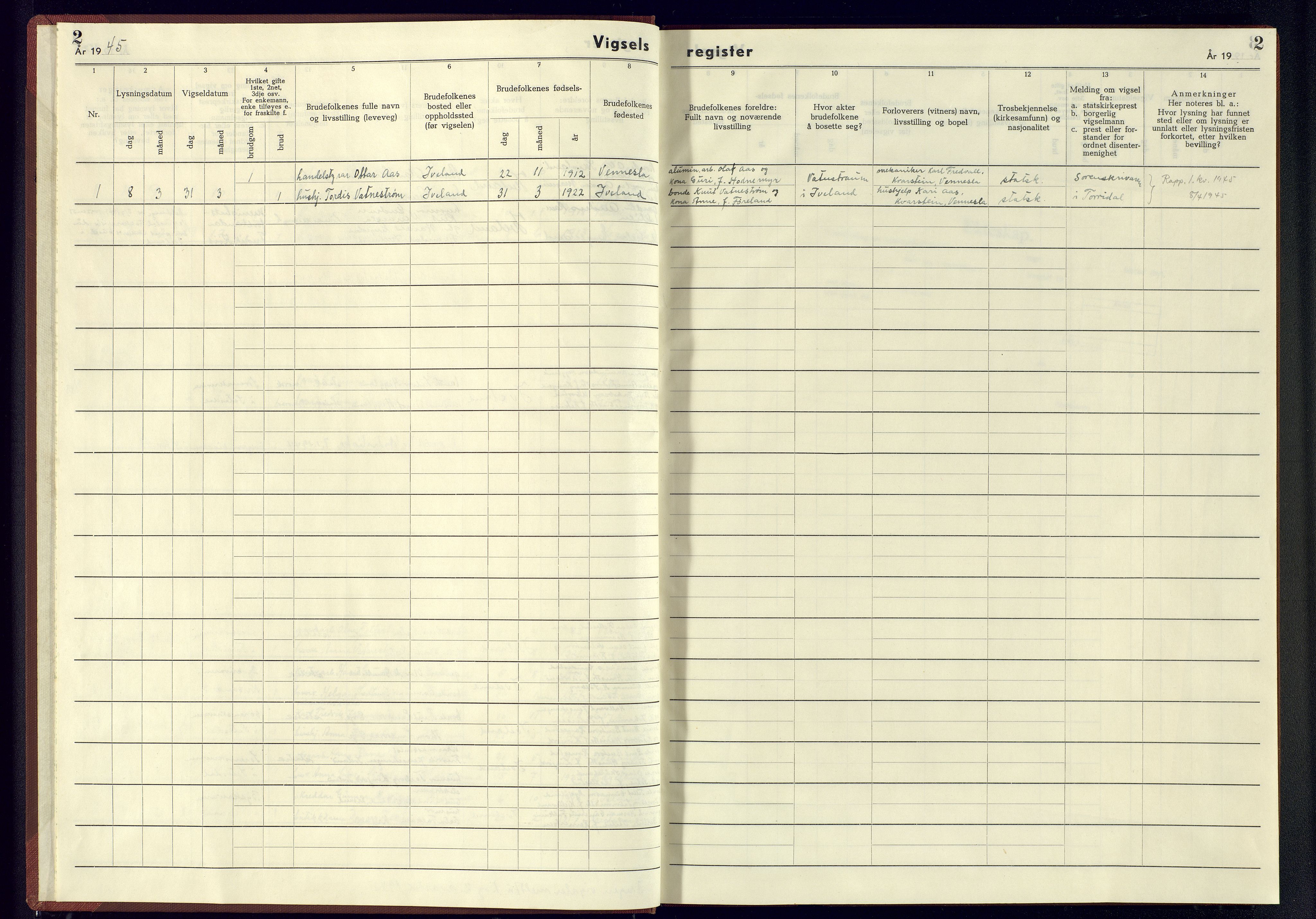 Evje sokneprestkontor, AV/SAK-1111-0008/J/Je/L0006: Marriage register no. II.6.6, 1942-1945, p. 2