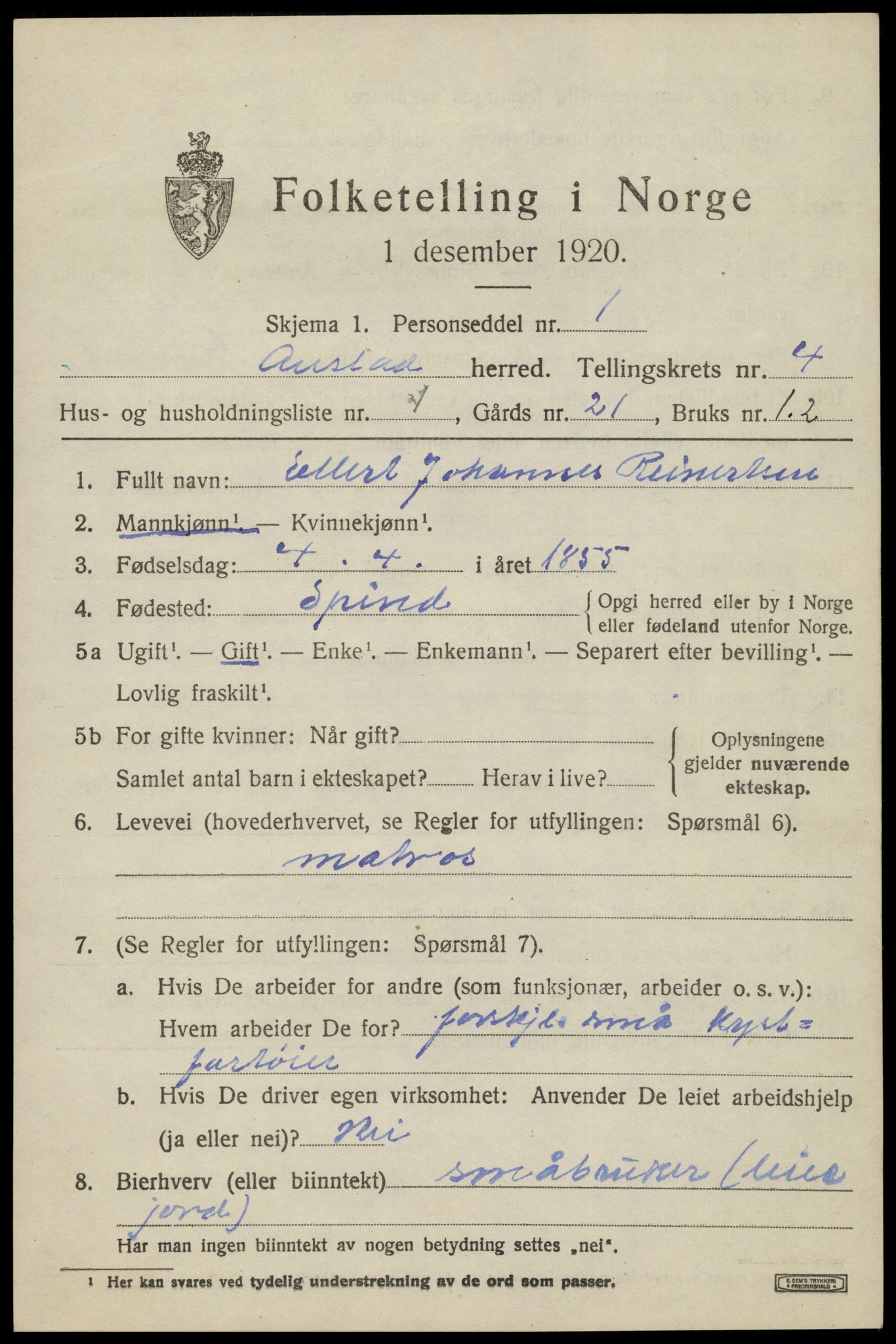 SAK, 1920 census for Austad, 1920, p. 1405