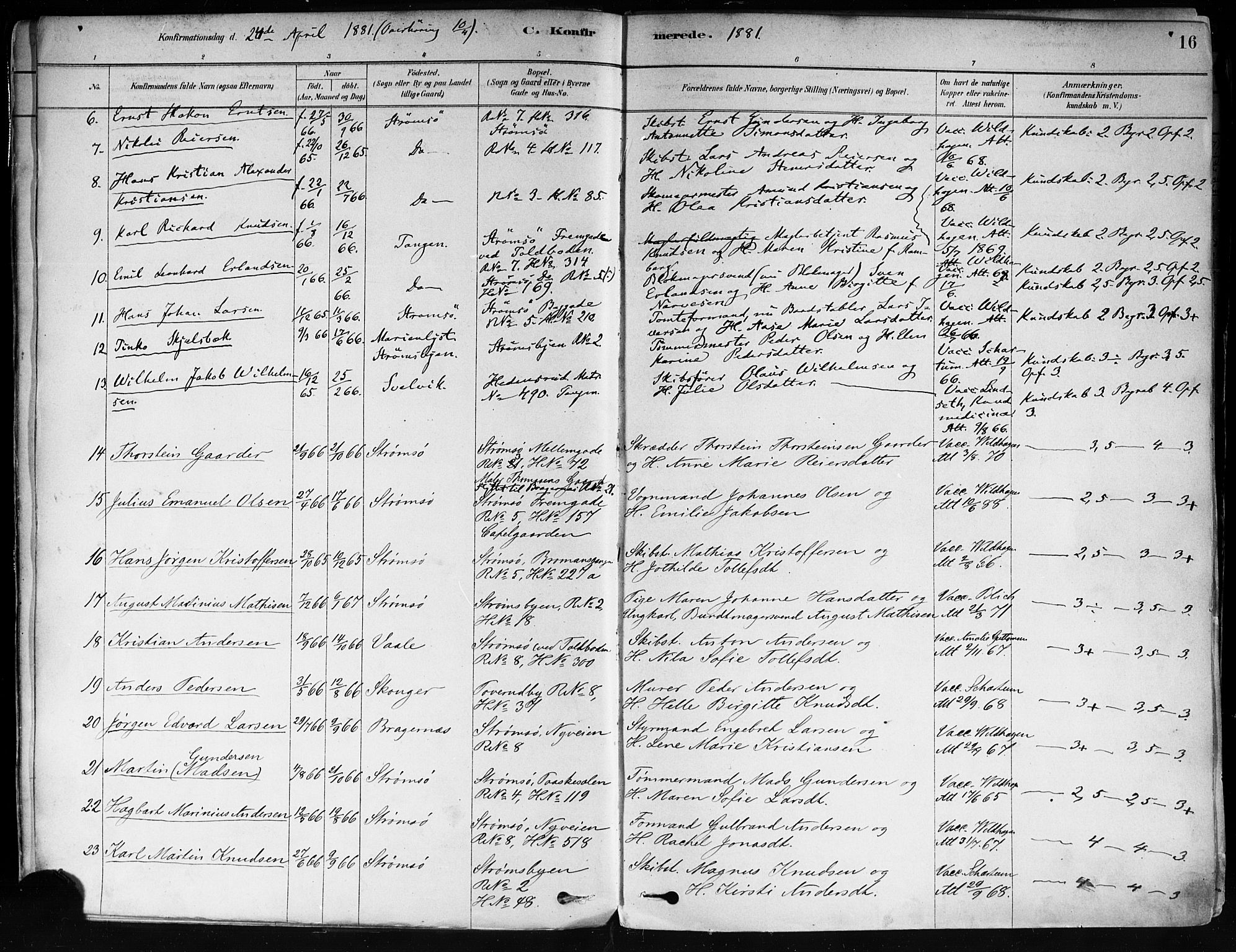 Strømsø kirkebøker, AV/SAKO-A-246/F/Fa/L0022: Parish register (official) no. I 22, 1879-1899, p. 16