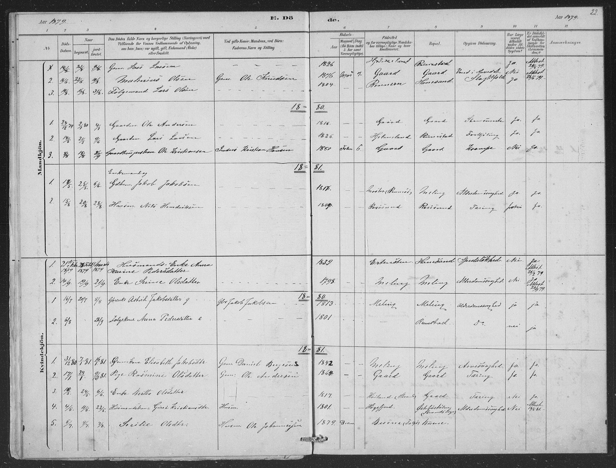 Finnøy sokneprestkontor, SAST/A-101825/H/Ha/Hab/L0004: Parish register (copy) no. B 4, 1879-1892, p. 22