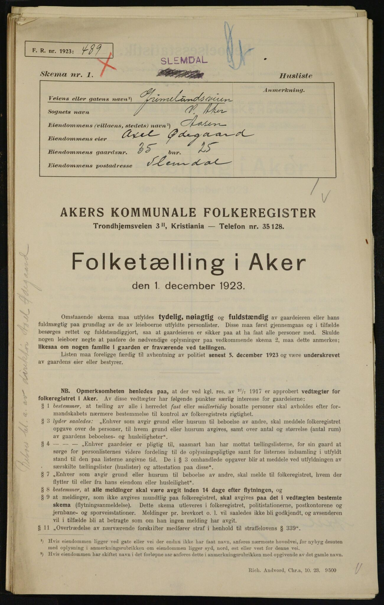 , Municipal Census 1923 for Aker, 1923, p. 10433