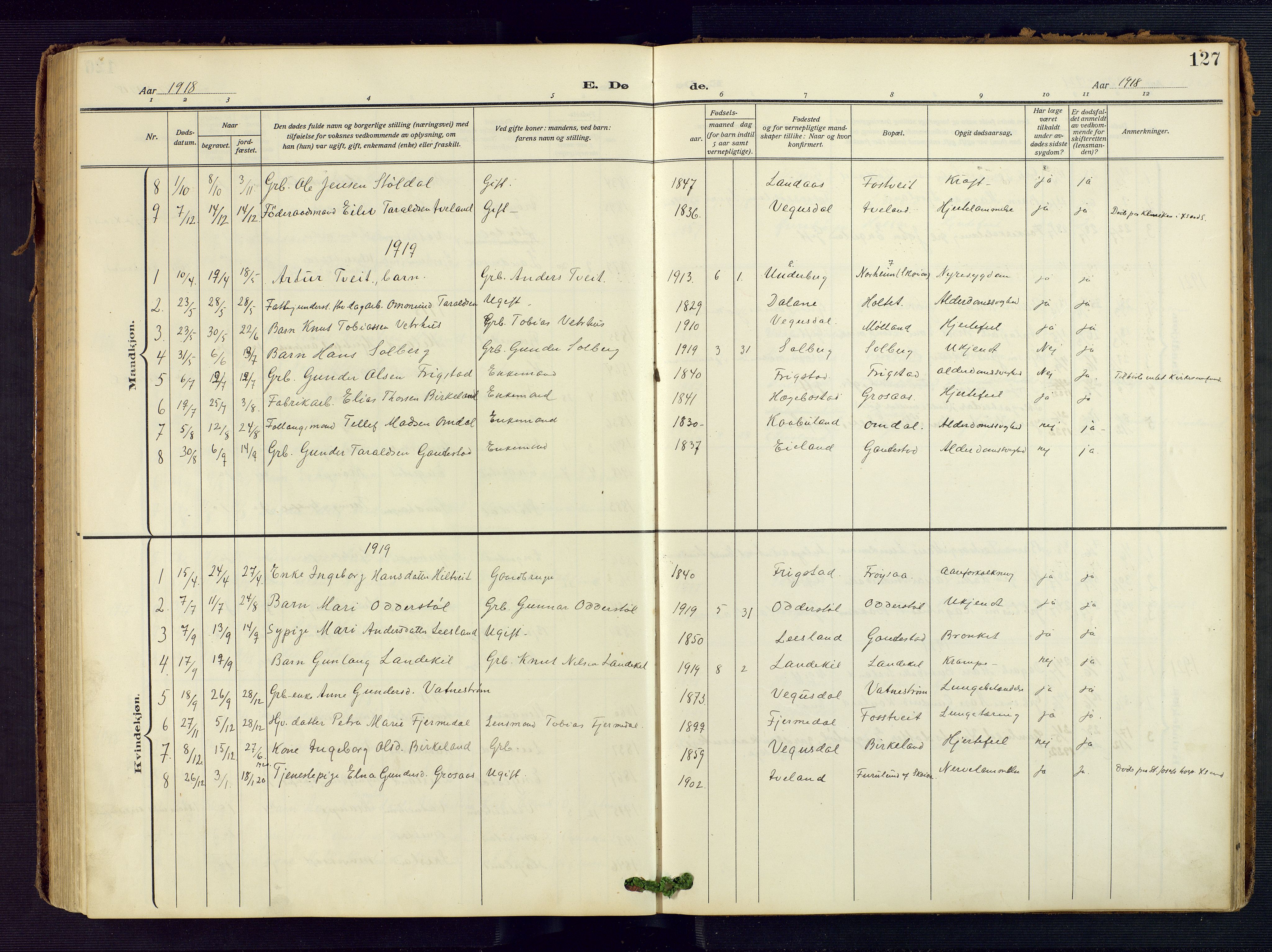 Evje sokneprestkontor, AV/SAK-1111-0008/F/Fa/Fac/L0004: Parish register (official) no. A 4, 1910-1932, p. 127