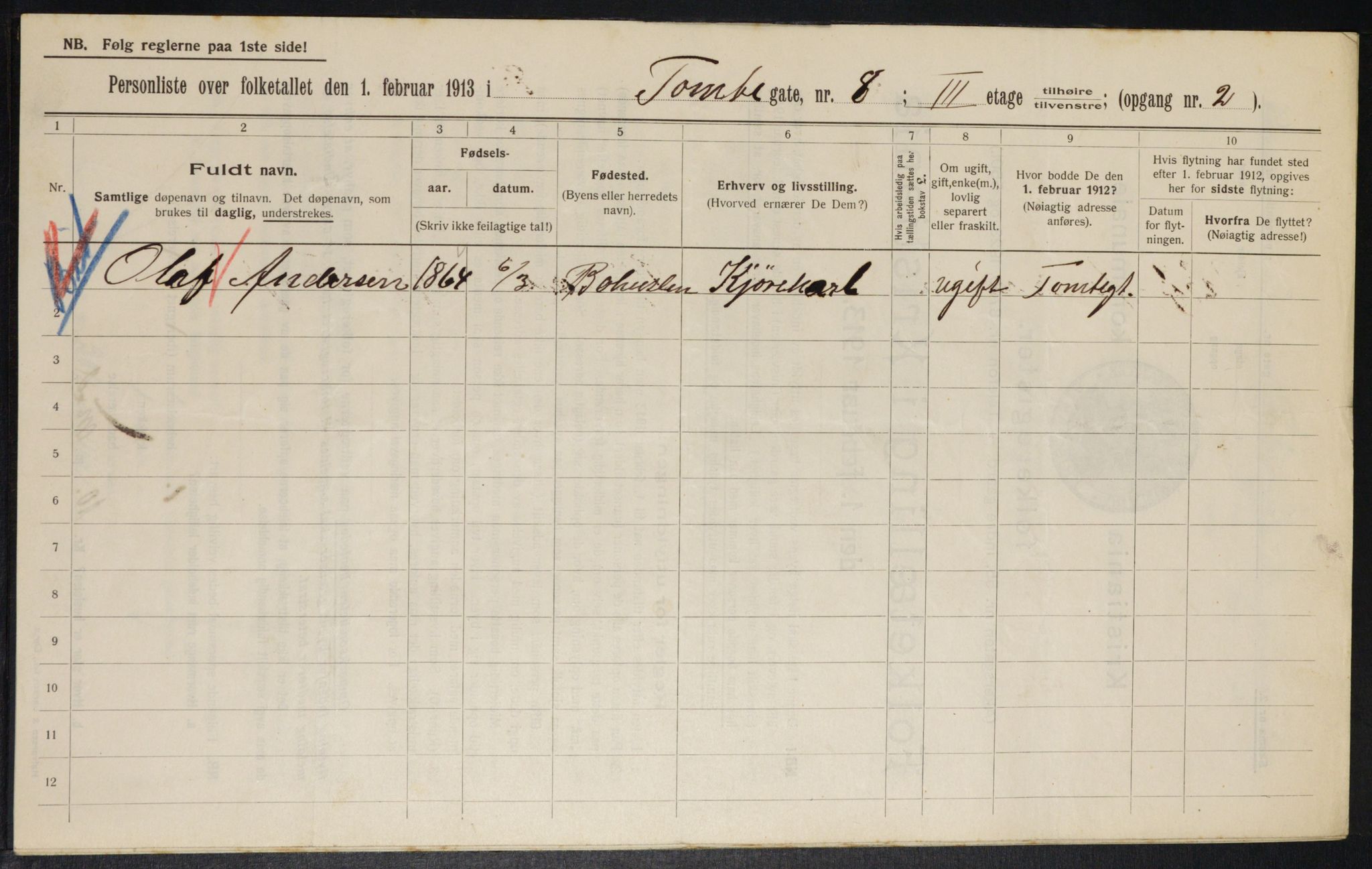 OBA, Municipal Census 1913 for Kristiania, 1913, p. 113498