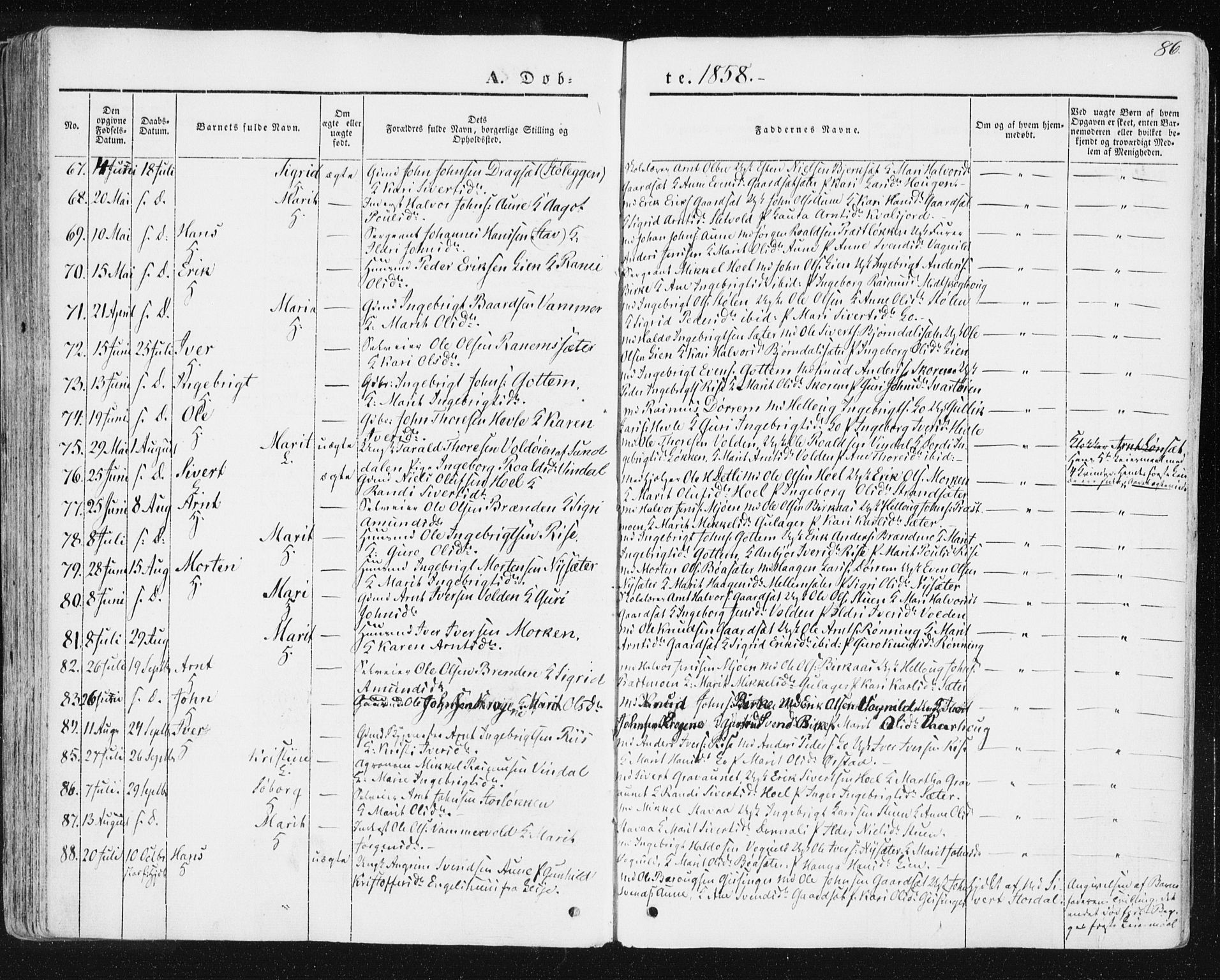 Ministerialprotokoller, klokkerbøker og fødselsregistre - Sør-Trøndelag, SAT/A-1456/678/L0899: Parish register (official) no. 678A08, 1848-1872, p. 86