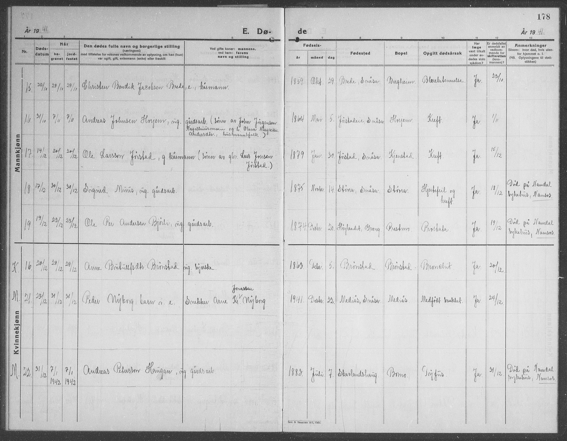 Ministerialprotokoller, klokkerbøker og fødselsregistre - Nord-Trøndelag, AV/SAT-A-1458/749/L0481: Parish register (copy) no. 749C03, 1933-1945, p. 178