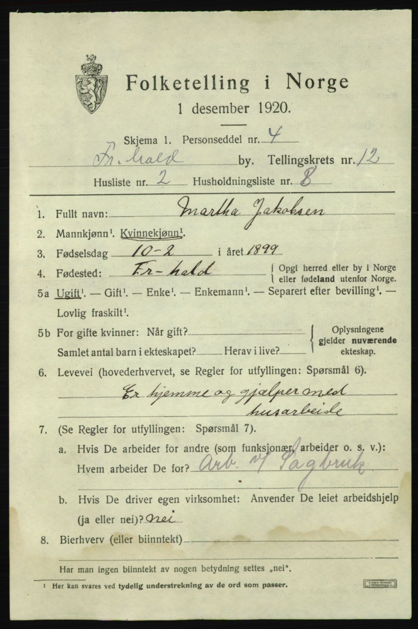 SAO, 1920 census for Fredrikshald, 1920, p. 19905