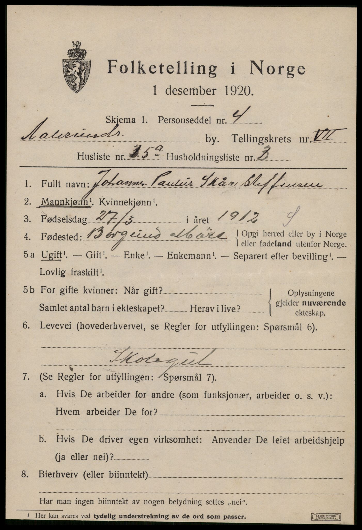 SAT, 1920 census for Ålesund, 1920, p. 20440