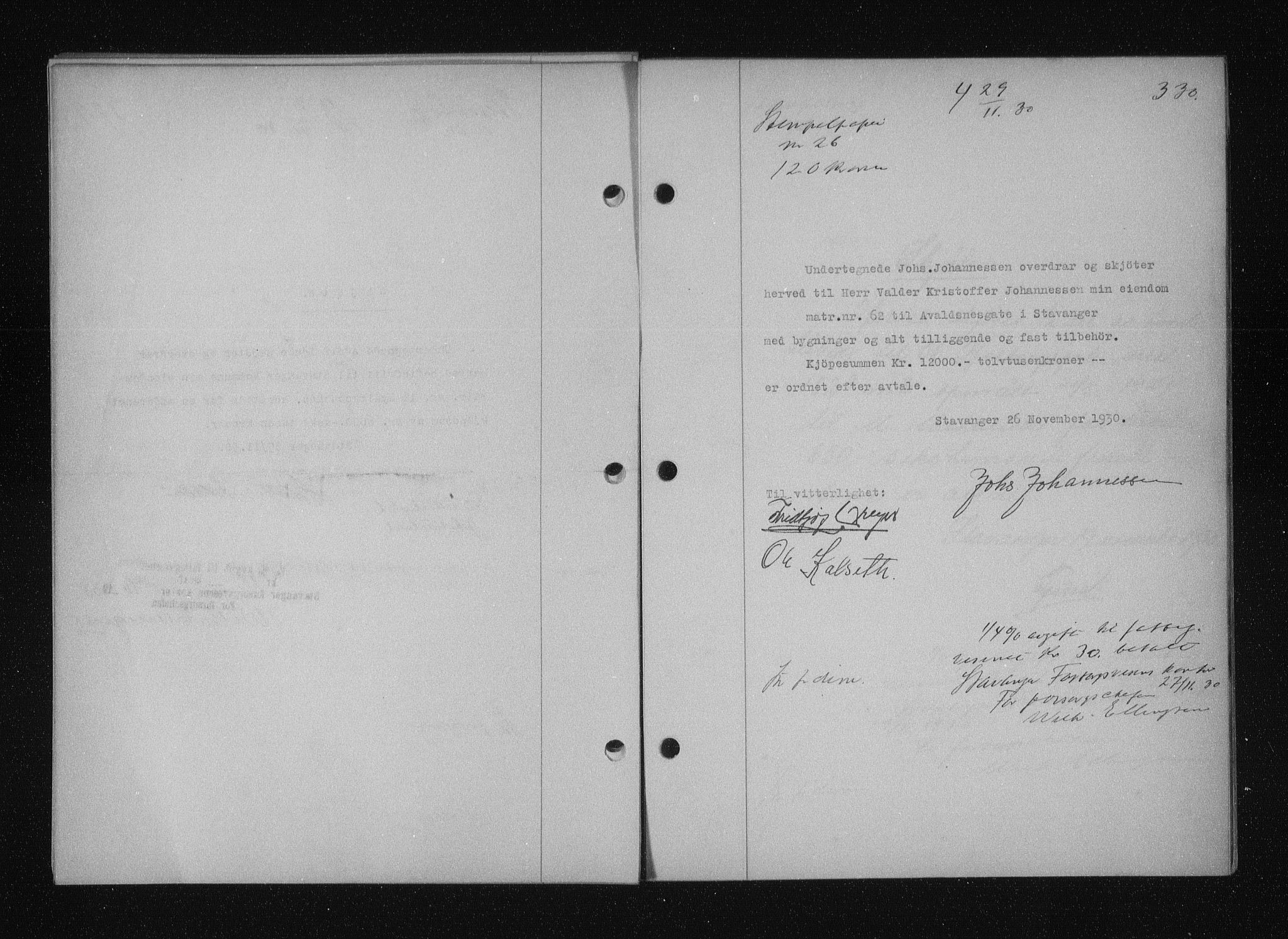 Stavanger byfogd, AV/SAST-A-101408/001/4/41/410/410BB/L0058: Mortgage book no. 48, 1930-1931, Deed date: 29.11.1930