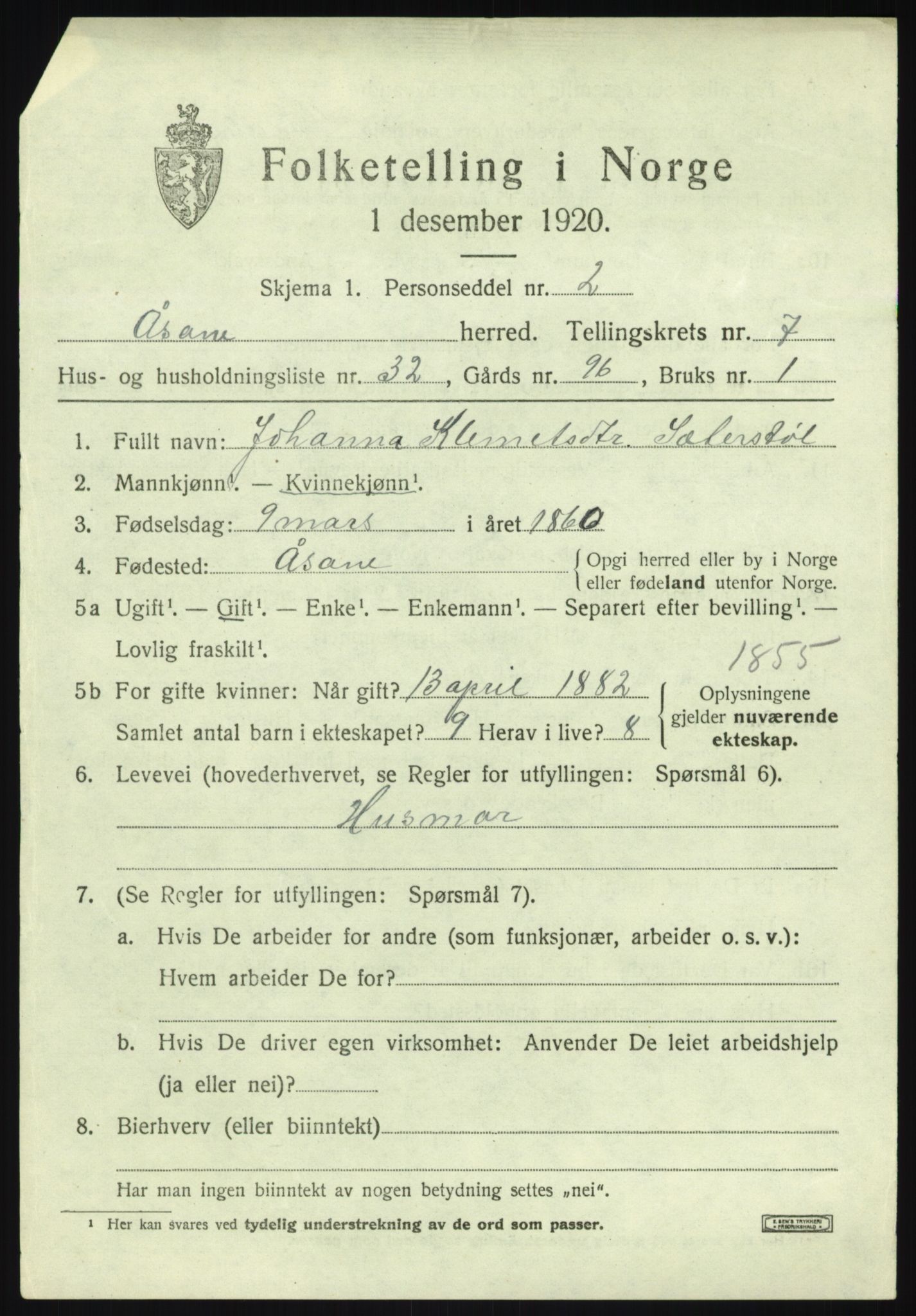 SAB, 1920 census for Åsane, 1920, p. 5463