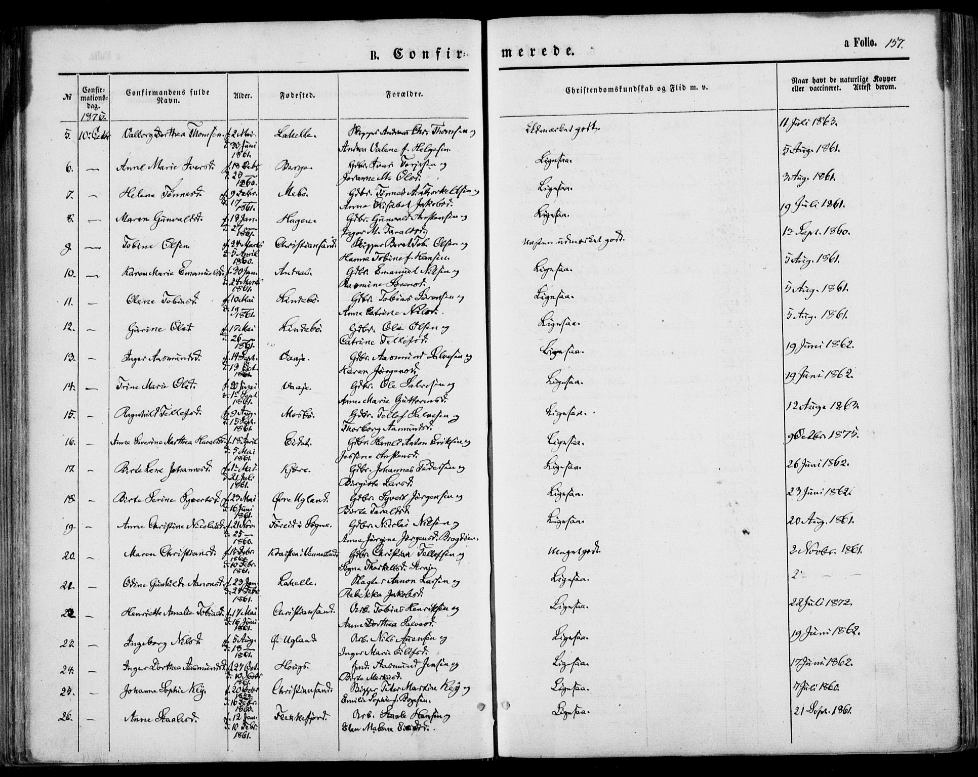 Oddernes sokneprestkontor, AV/SAK-1111-0033/F/Fa/Faa/L0008: Parish register (official) no. A 8, 1864-1880, p. 157