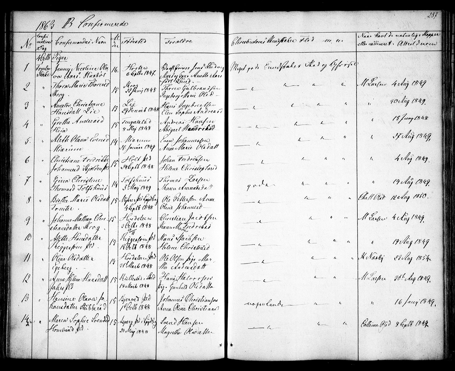 Hobøl prestekontor Kirkebøker, SAO/A-2002/F/Fa/L0003: Parish register (official) no. I 3, 1842-1864, p. 287