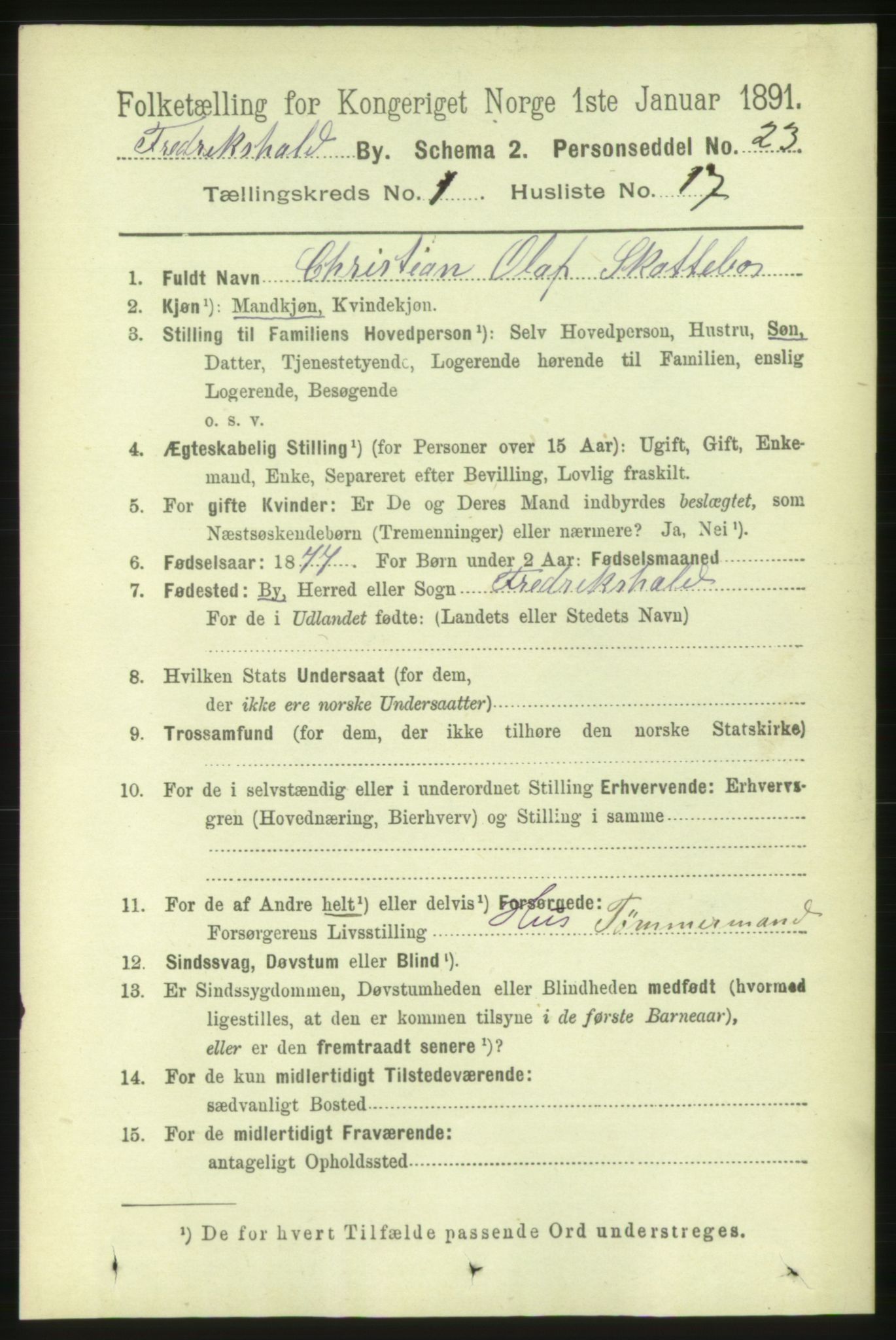 RA, 1891 census for 0101 Fredrikshald, 1891, p. 2086