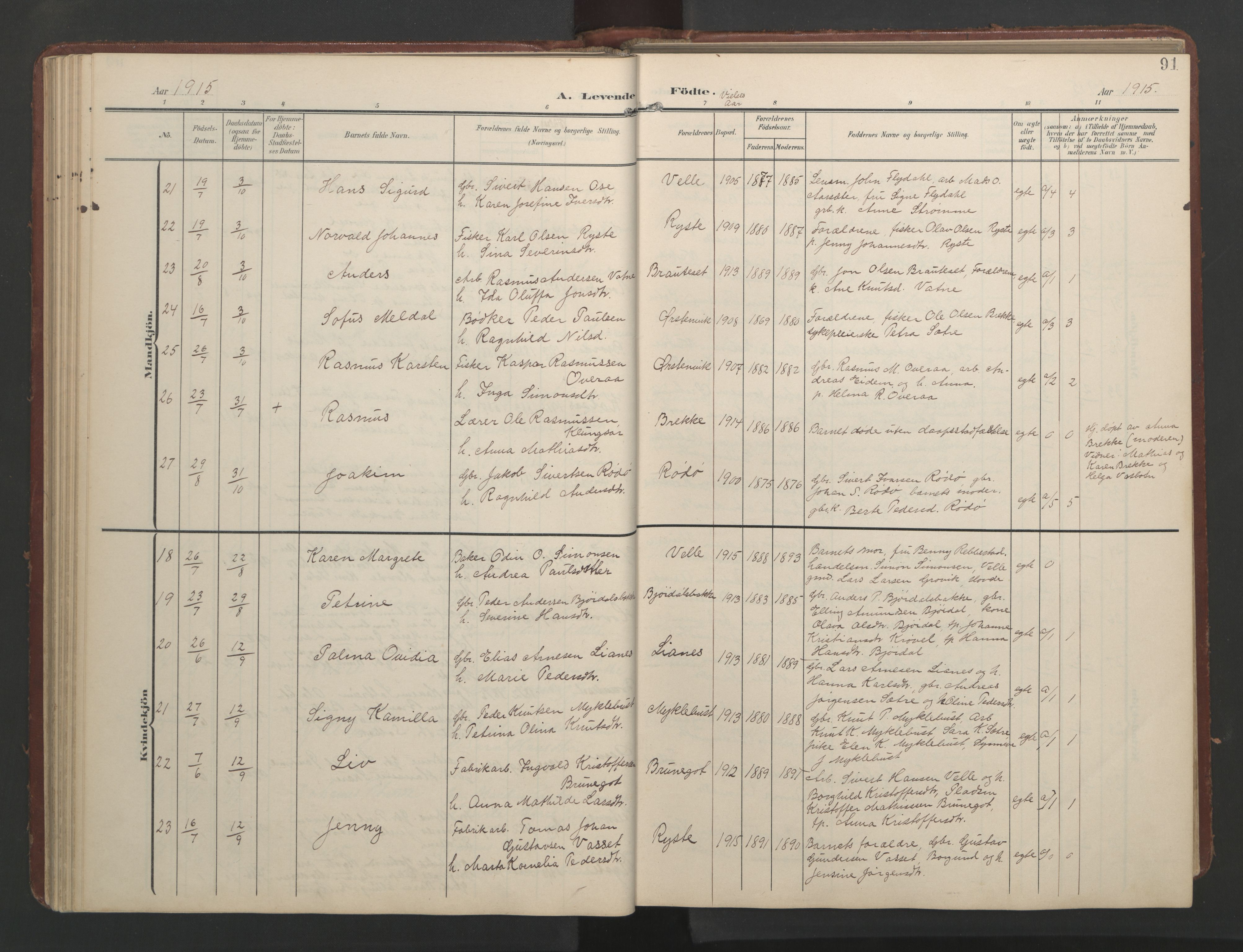 Ministerialprotokoller, klokkerbøker og fødselsregistre - Møre og Romsdal, AV/SAT-A-1454/513/L0190: Parish register (copy) no. 513C04, 1904-1926, p. 91