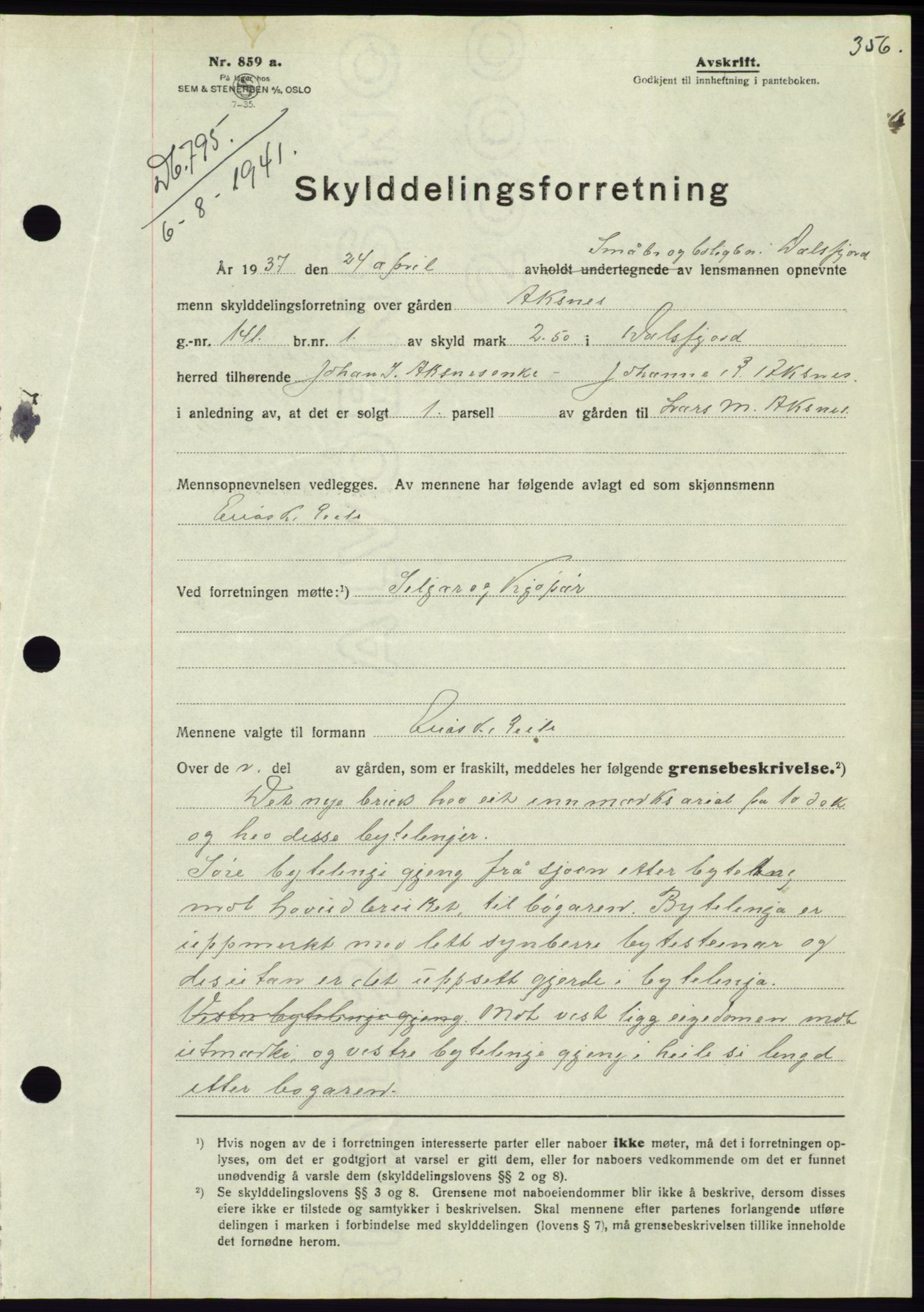 Søre Sunnmøre sorenskriveri, AV/SAT-A-4122/1/2/2C/L0071: Mortgage book no. 65, 1941-1941, Diary no: : 795/1941