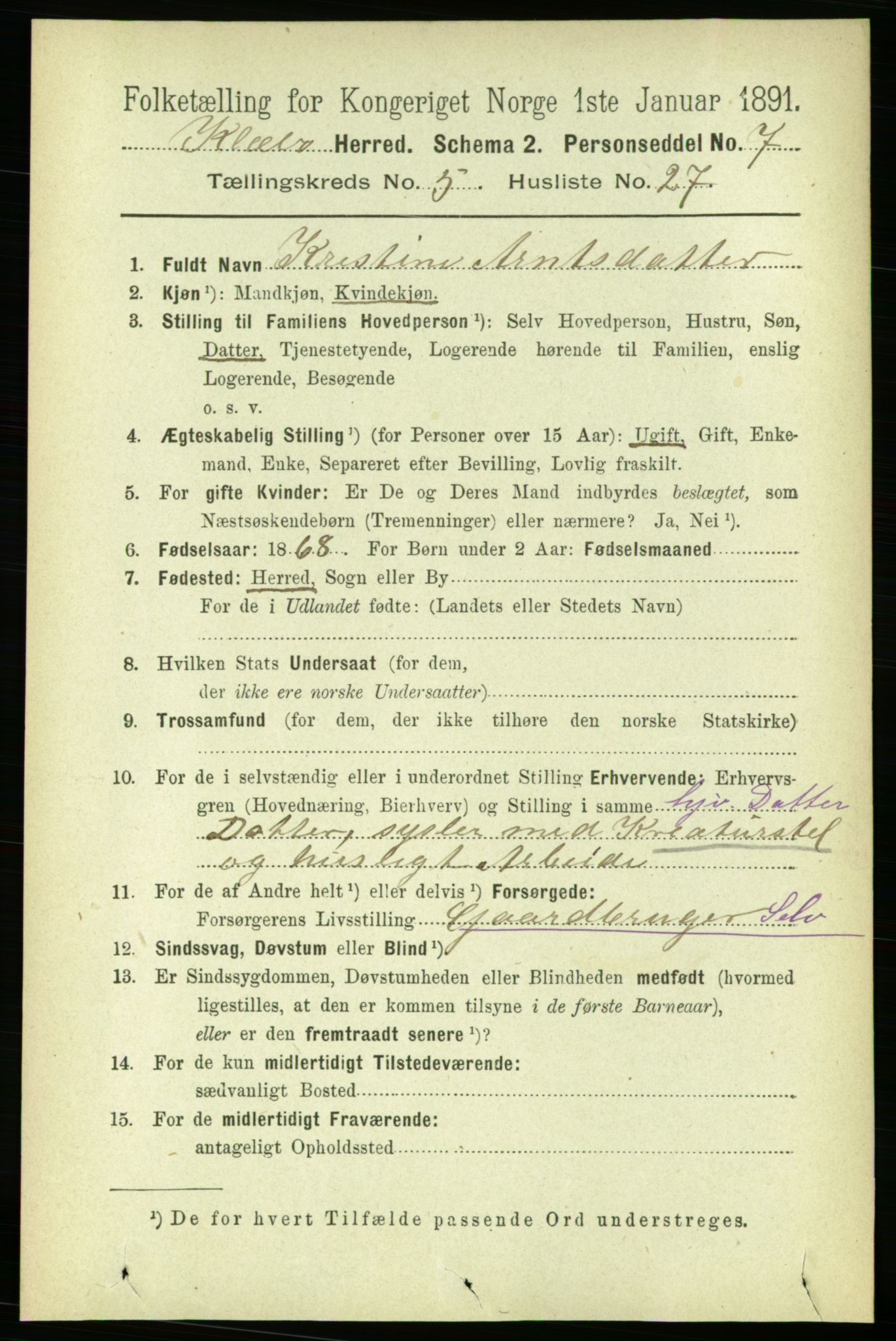 RA, 1891 census for 1662 Klæbu, 1891, p. 1197