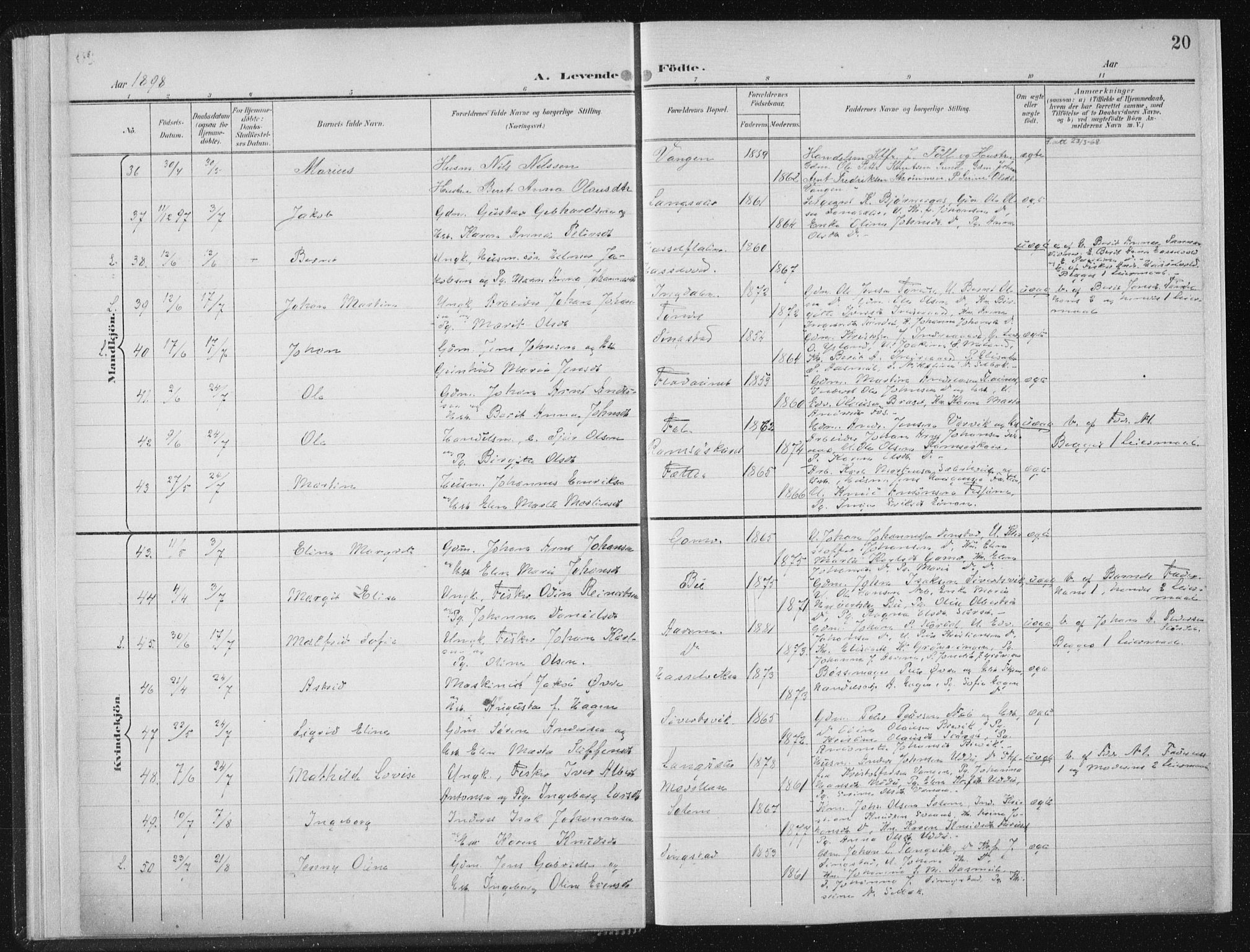 Ministerialprotokoller, klokkerbøker og fødselsregistre - Sør-Trøndelag, AV/SAT-A-1456/647/L0635: Parish register (official) no. 647A02, 1896-1911, p. 20