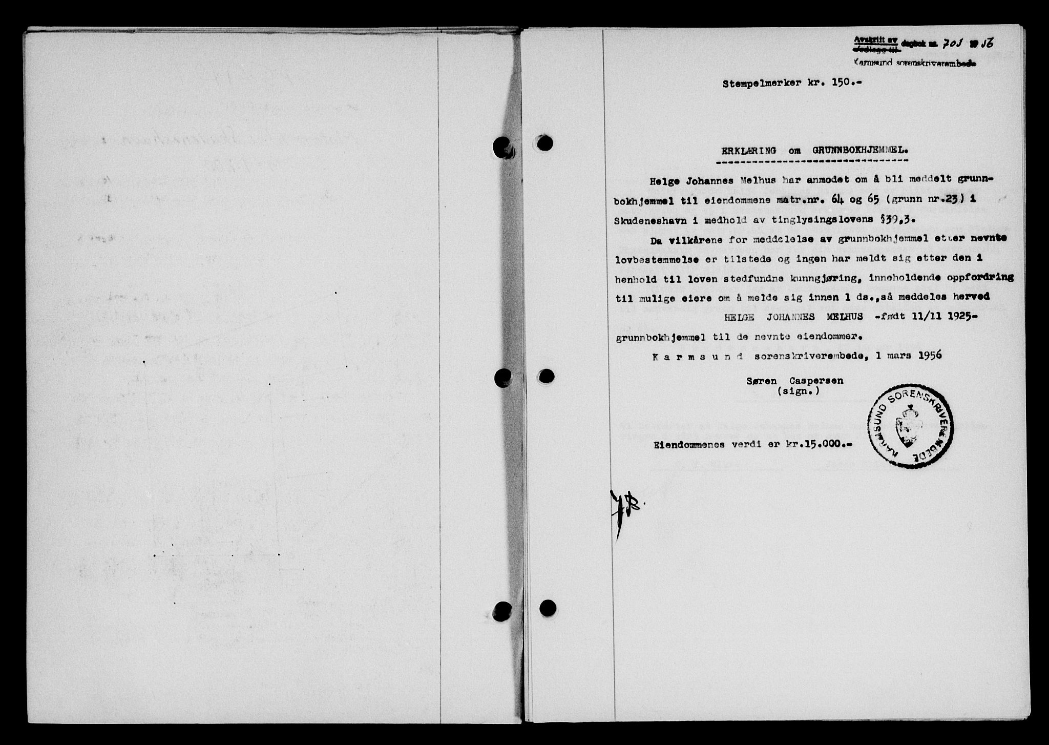 Karmsund sorenskriveri, SAST/A-100311/01/II/IIB/L0118: Mortgage book no. 98A, 1955-1956, Diary no: : 703/1956