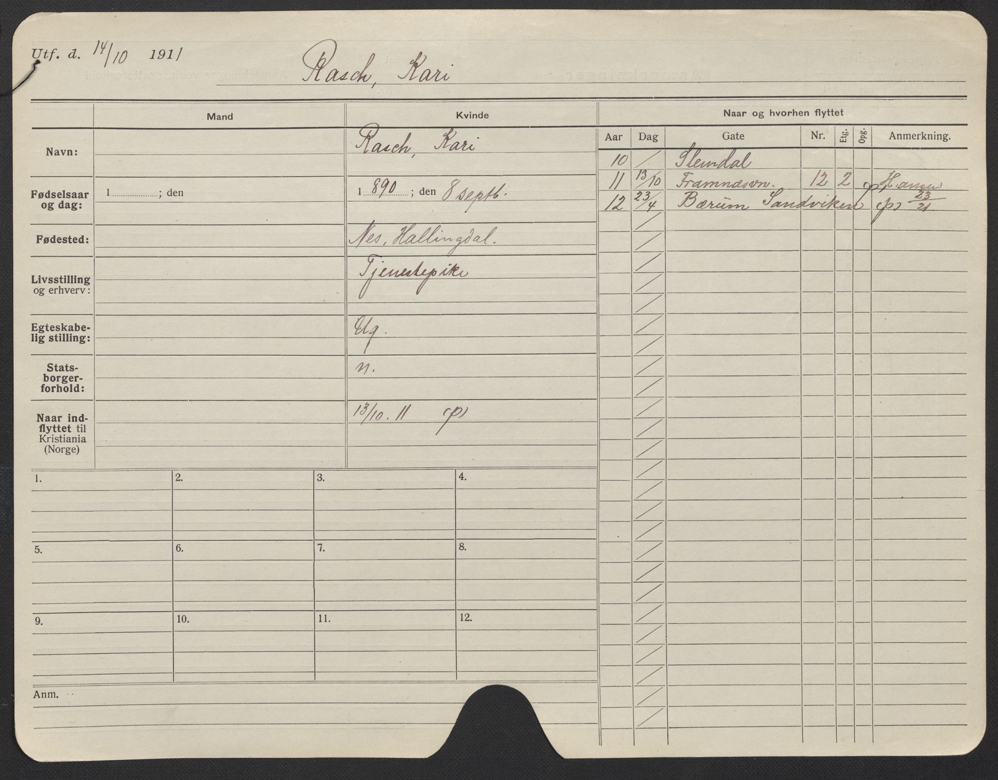 Oslo folkeregister, Registerkort, SAO/A-11715/F/Fa/Fac/L0023: Kvinner, 1906-1914, p. 51a