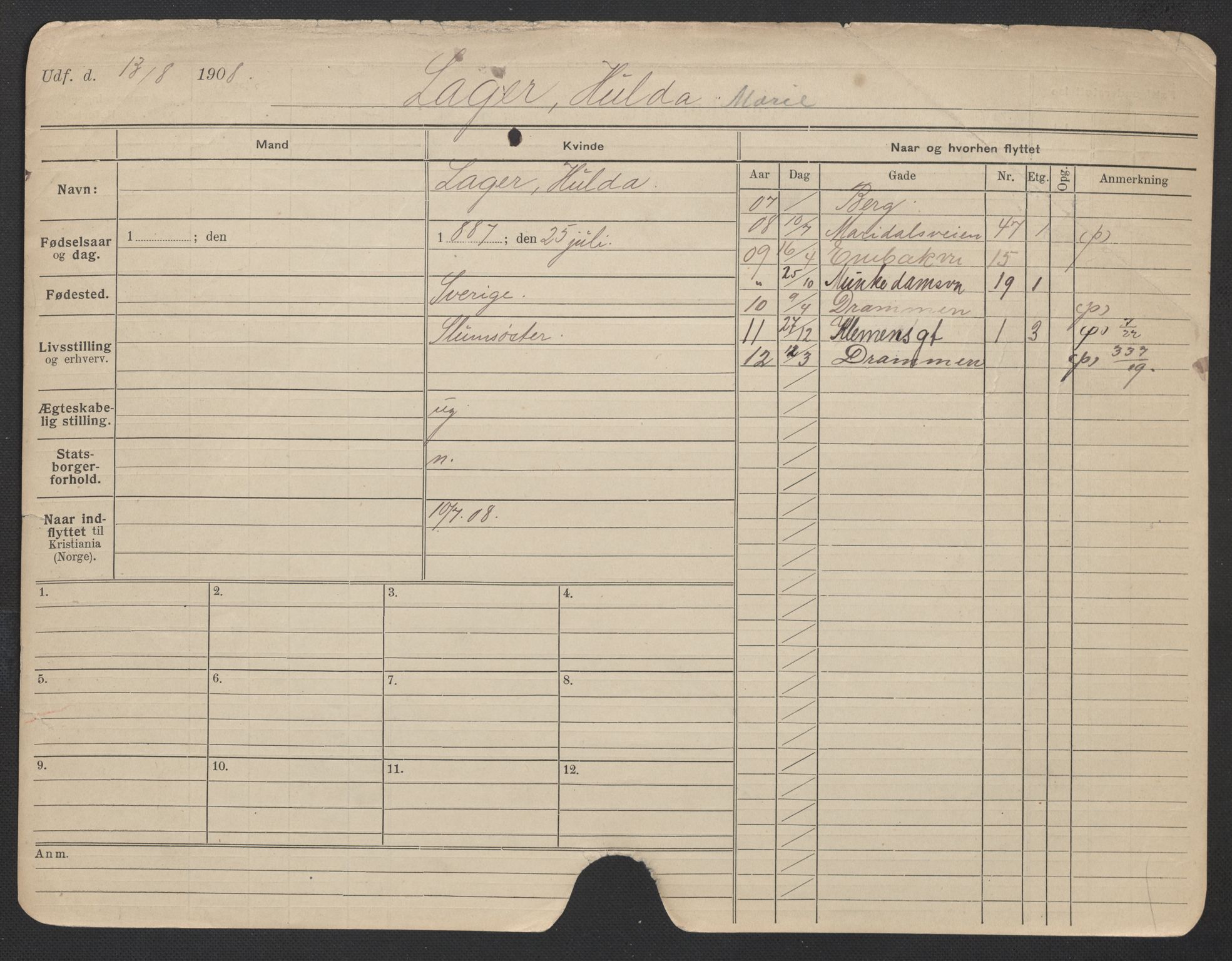 Oslo folkeregister, Registerkort, AV/SAO-A-11715/F/Fa/Fac/L0019: Kvinner, 1906-1914, p. 707a