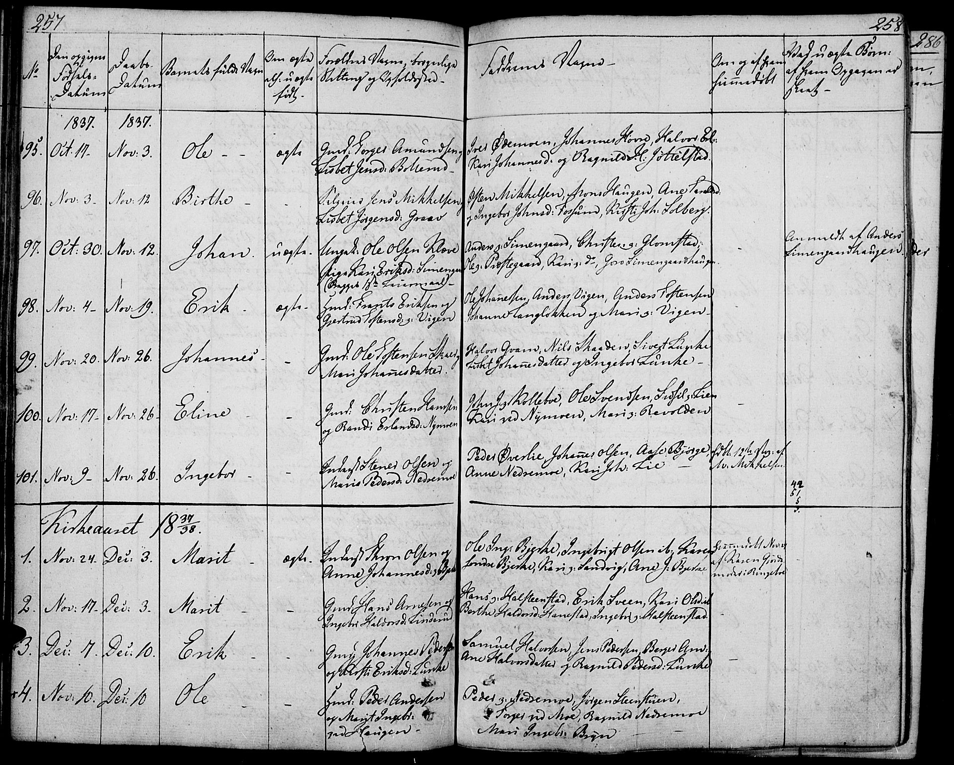 Øyer prestekontor, SAH/PREST-084/H/Ha/Haa/L0004: Parish register (official) no. 4, 1824-1841, p. 257-258