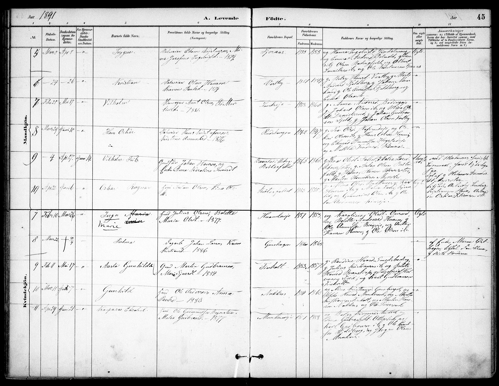 Nes prestekontor Kirkebøker, AV/SAO-A-10410/F/Fc/L0002: Parish register (official) no. IIi 2, 1882-1916, p. 45