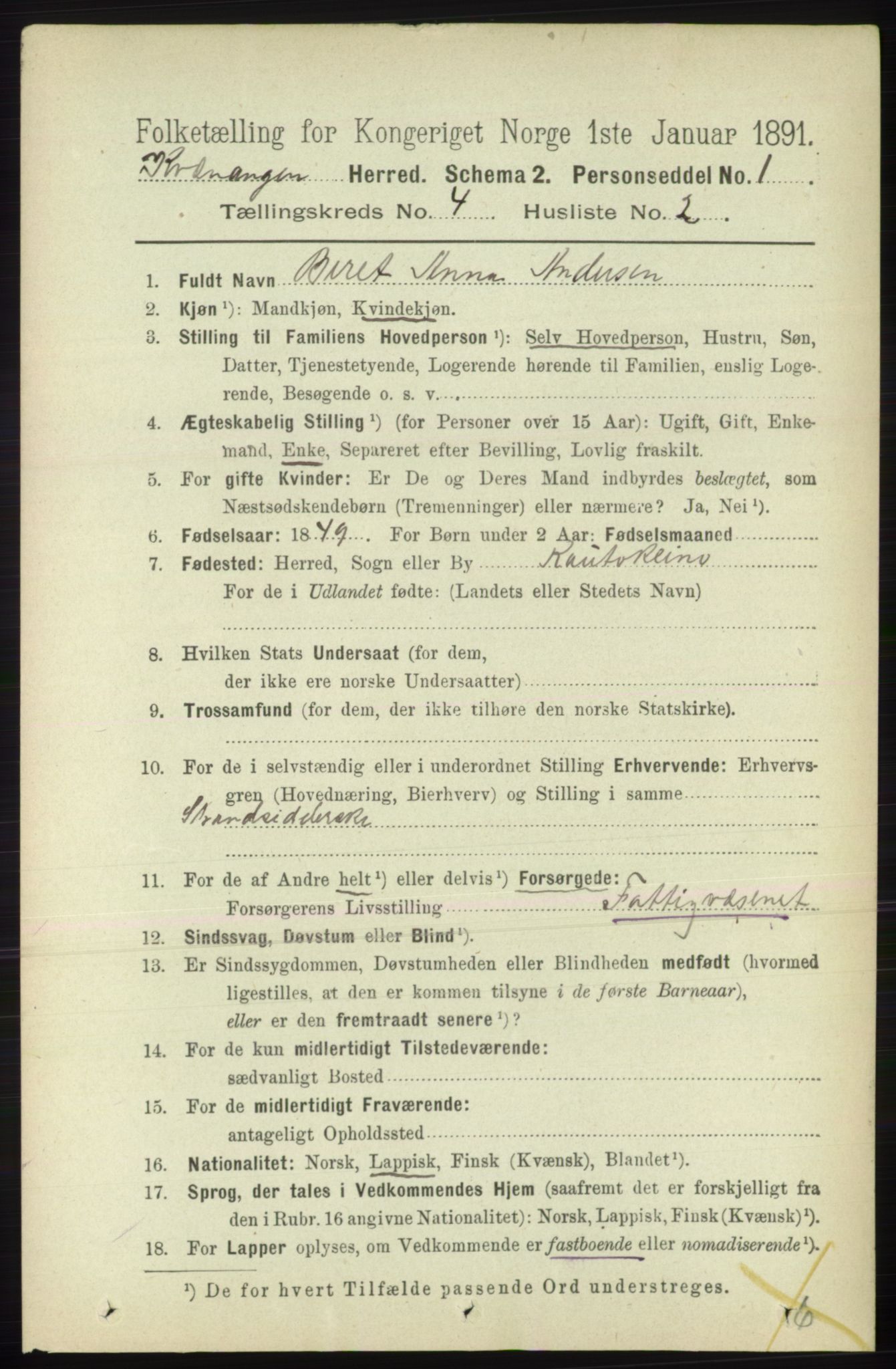 RA, 1891 census for 1943 Kvænangen, 1891, p. 1551