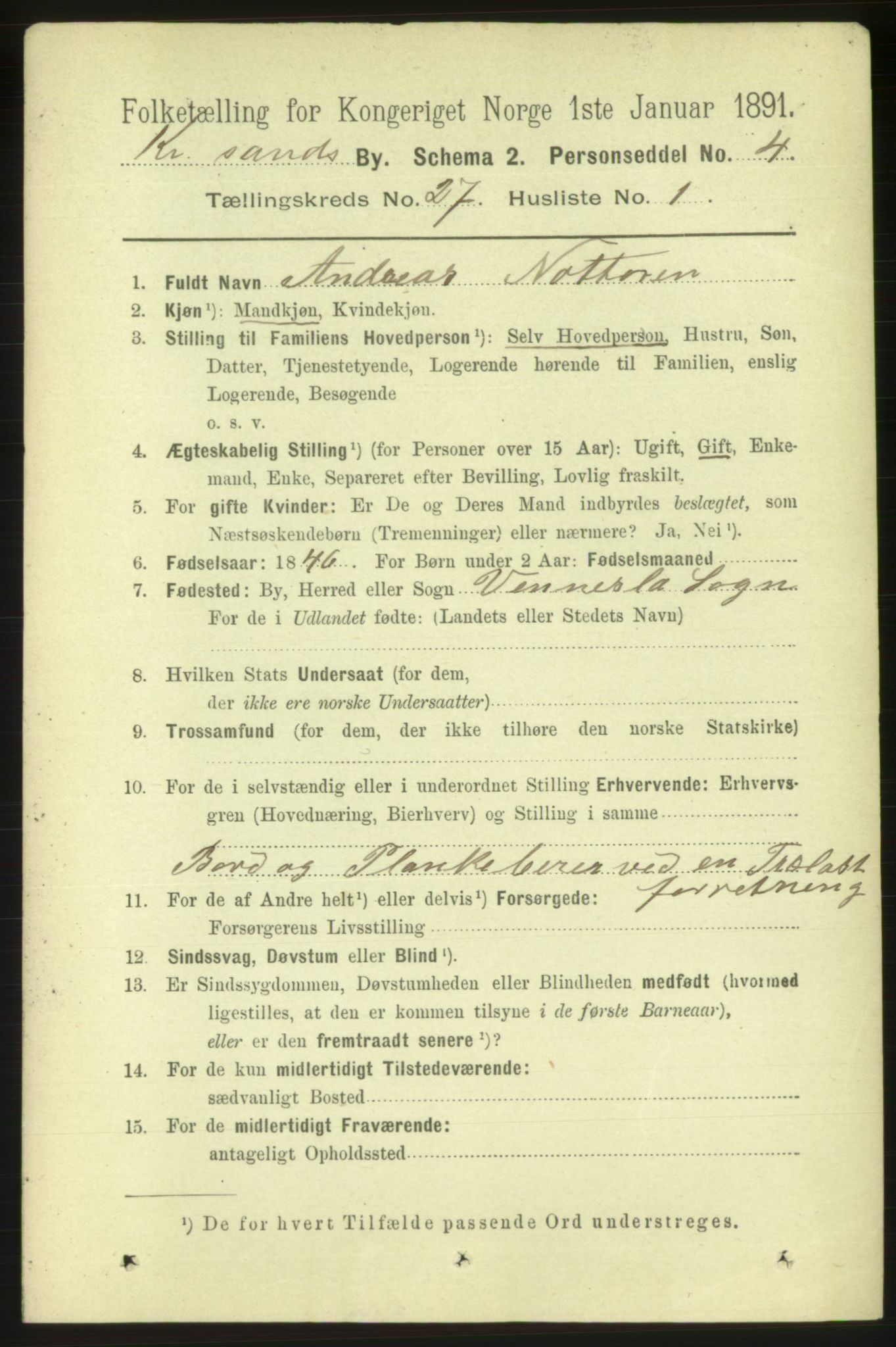 RA, 1891 census for 1001 Kristiansand, 1891, p. 9405