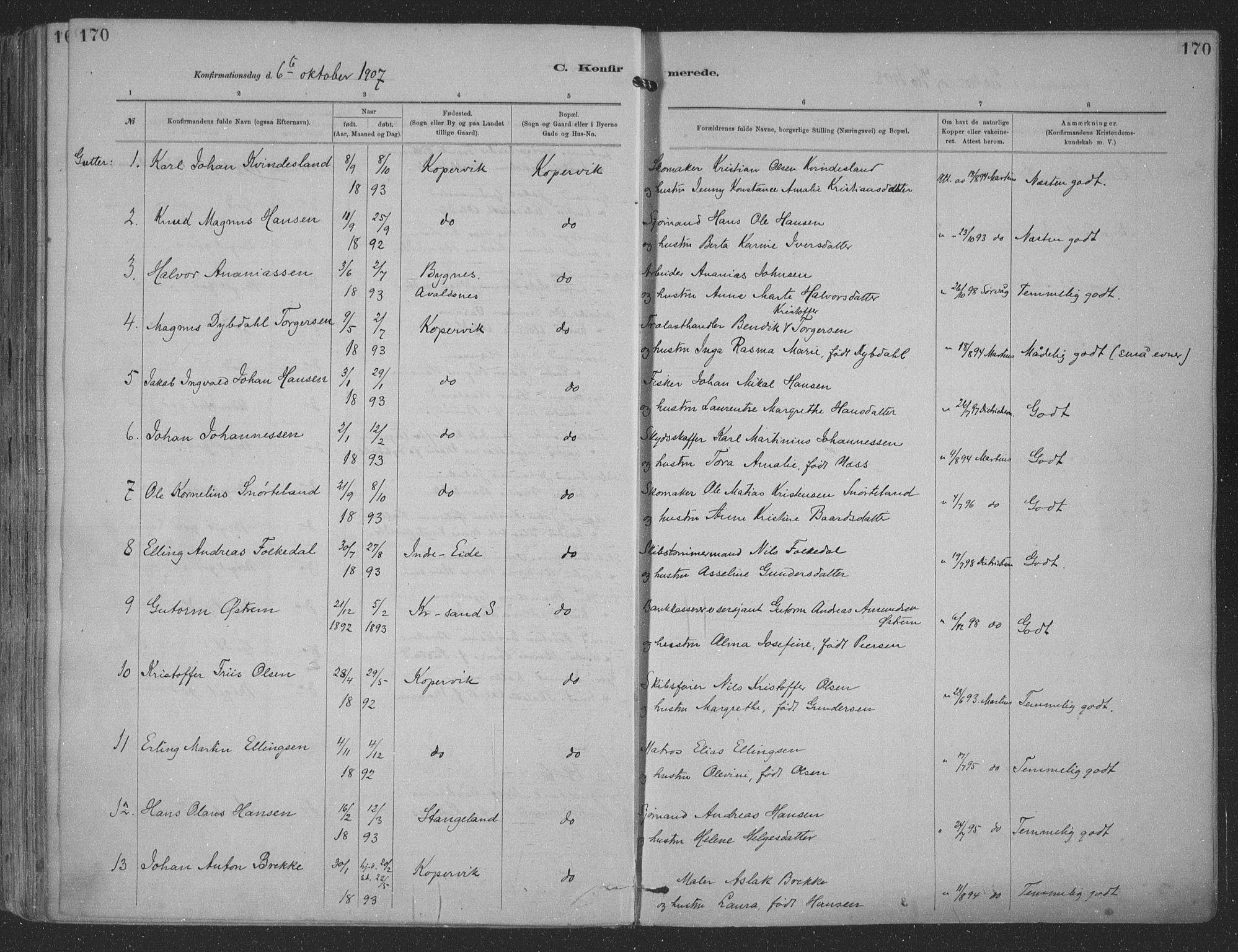 Kopervik sokneprestkontor, AV/SAST-A-101850/H/Ha/Haa/L0001: Parish register (official) no. A 1, 1880-1919, p. 170