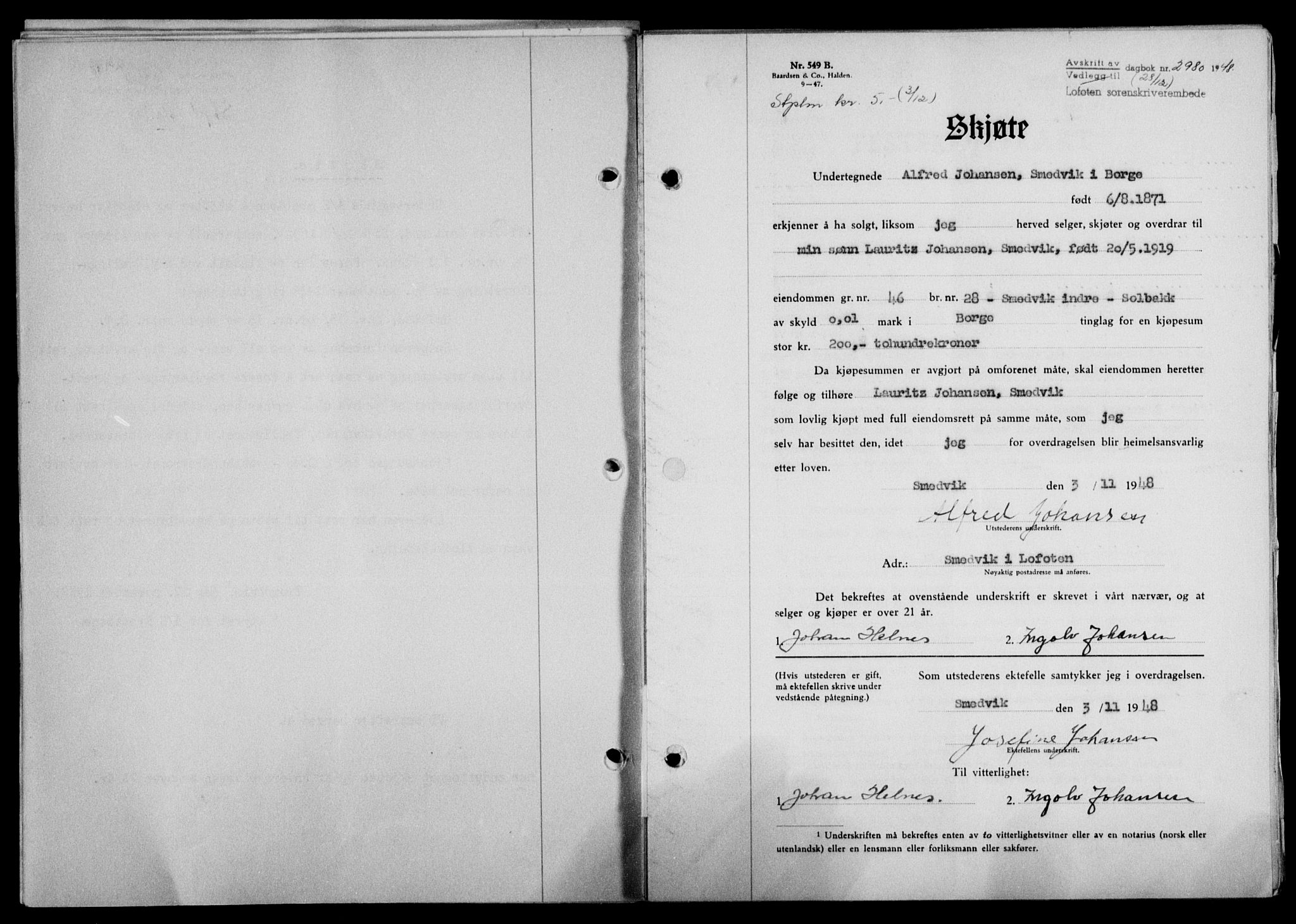 Lofoten sorenskriveri, SAT/A-0017/1/2/2C/L0020a: Mortgage book no. 20a, 1948-1949, Diary no: : 2980/1948